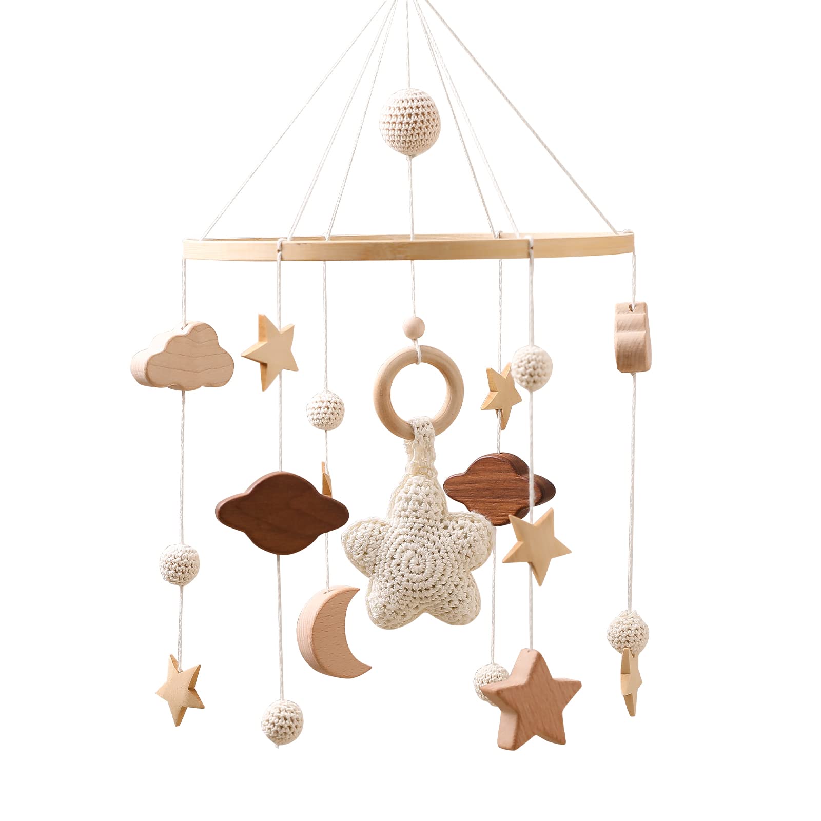 Promise Babe Mobile Baby Wind Chimes con Nuvole Luna Stelle Mobile fatto a mano in legno all'uncinetto Baby Girl Bed Bell Ciondolo da appendere per culla Baby Bed Star Moon Clouds Mobile Moon Stars
