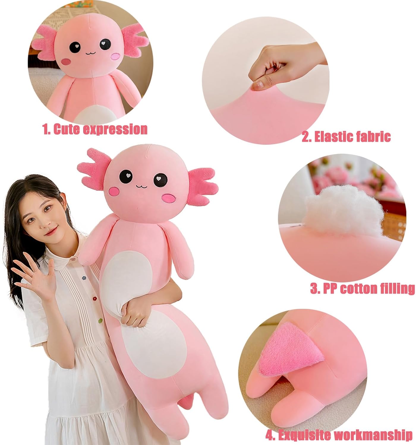 Aiuidun Cuscino Peluche Axolotl Lungo 80cm, Pink - immagine 5