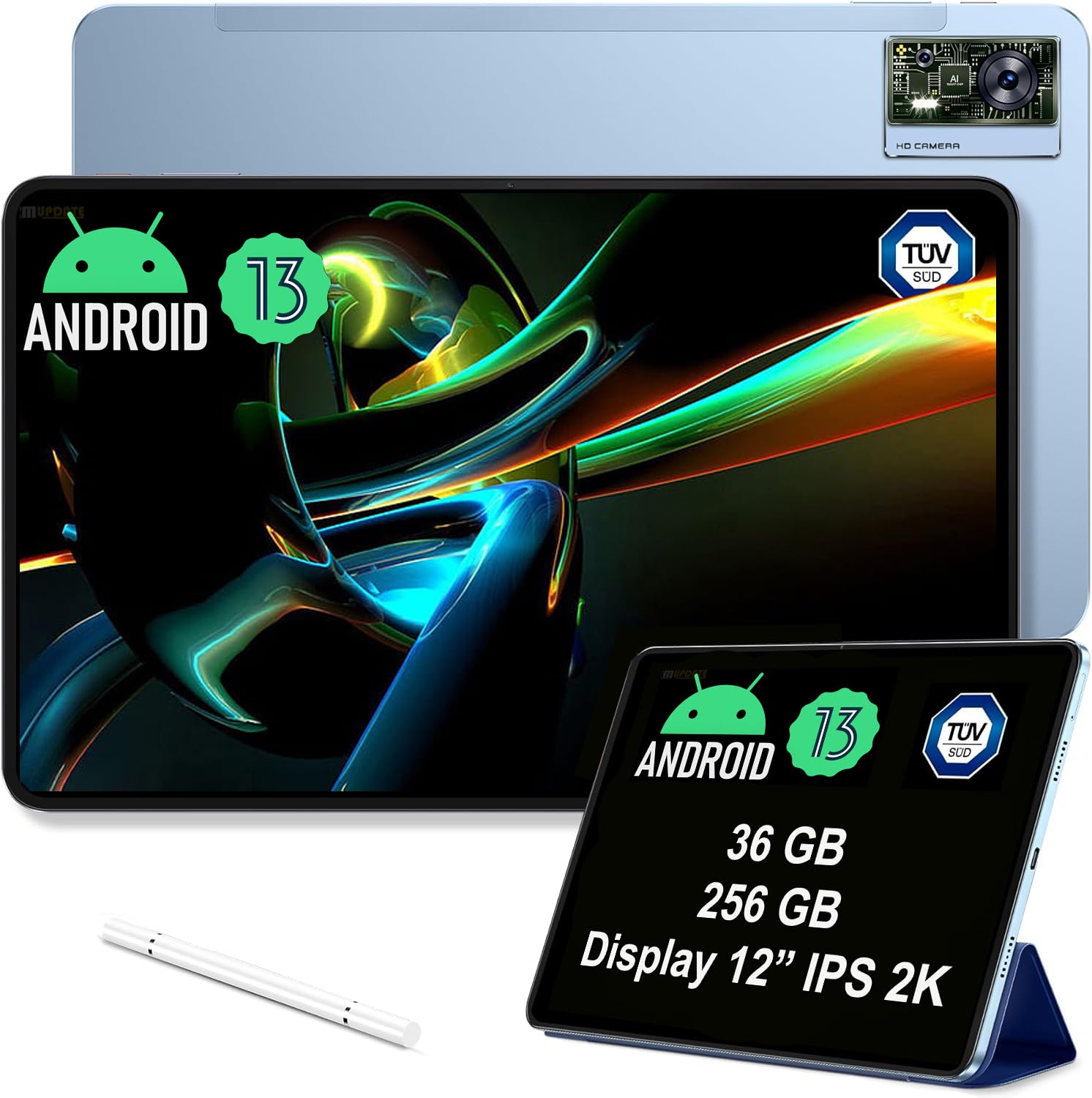 Tablet OUKITEL OT5 da 12 pollici, 256 GB, batteria 11000 mAh, schermo 2K IPS, processore Helio G99, fotocamere 16+5 MP, Android 13, dual SIM/5G, WiFi, OTG, GPS (Blu)