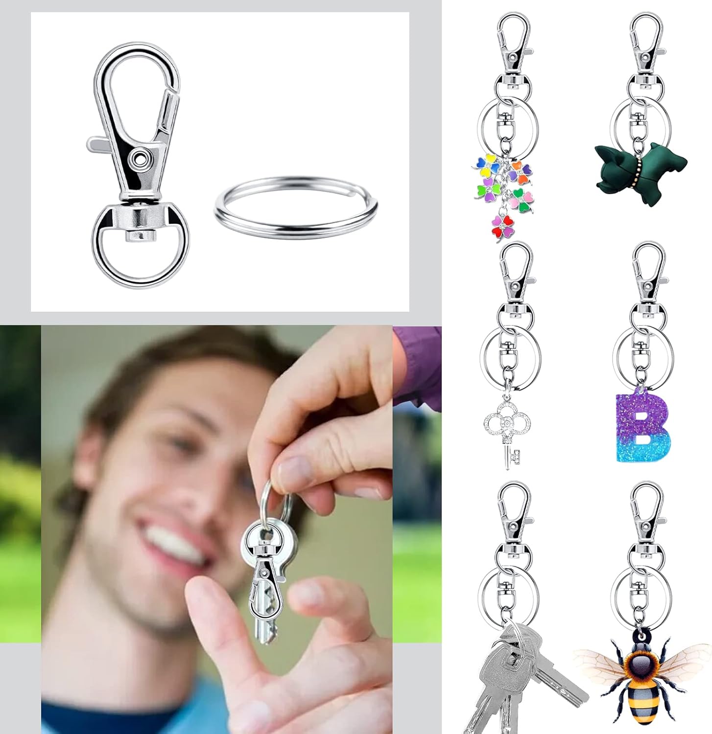 Moschettone Portachiavi Metallo - 80 Pezzi Argento - immagine 3