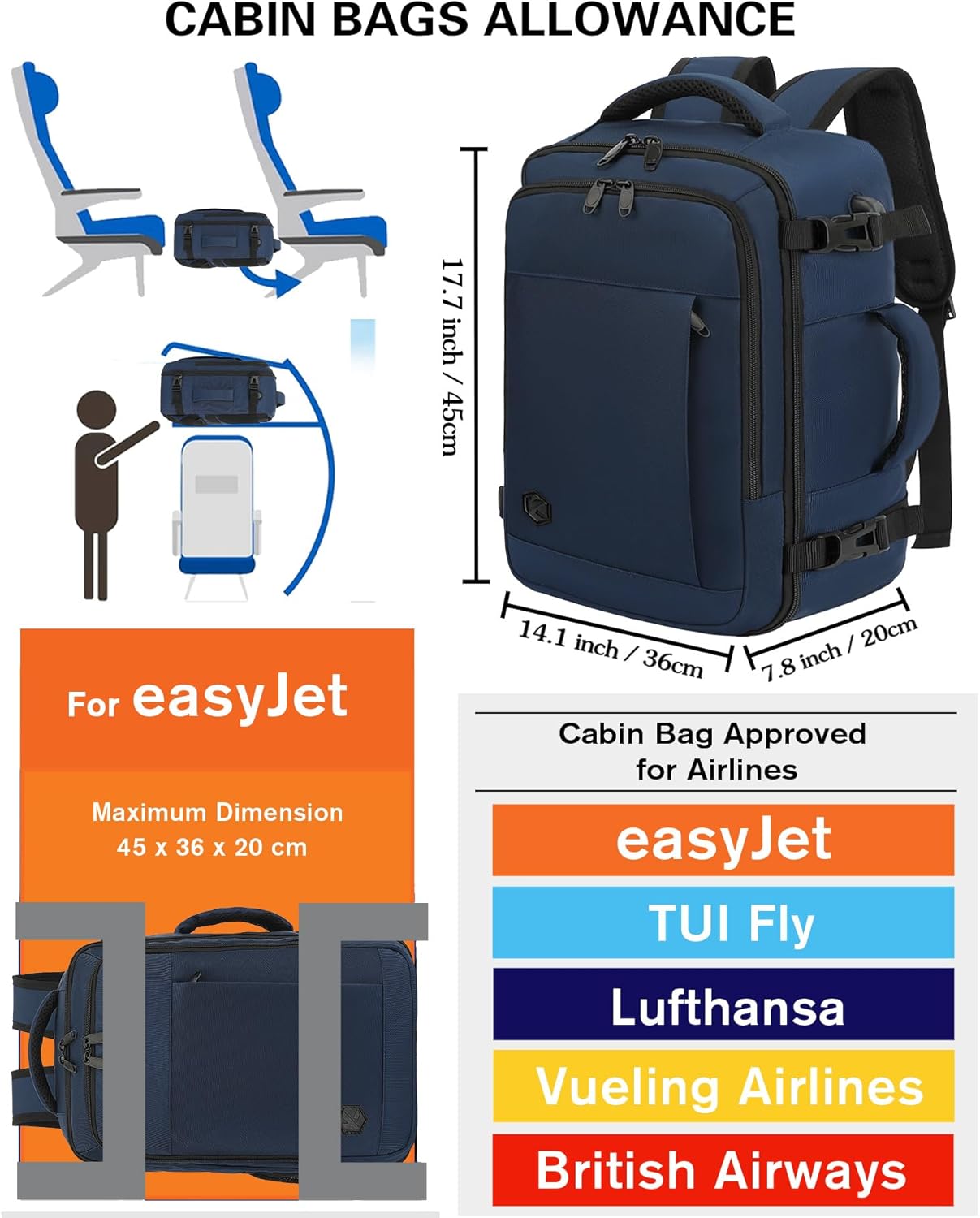 VANKEV Zaino da Cabina 45x36x20 Easyjet 30L, Blu Profondo - immagine 2