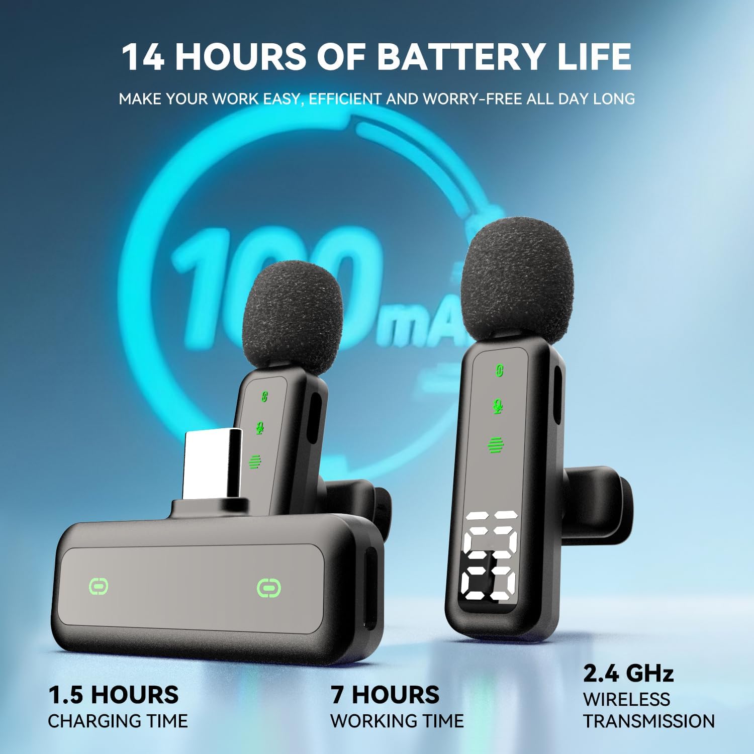 Microfono Lavalier Wireless con Display LED, Nero - immagine 3