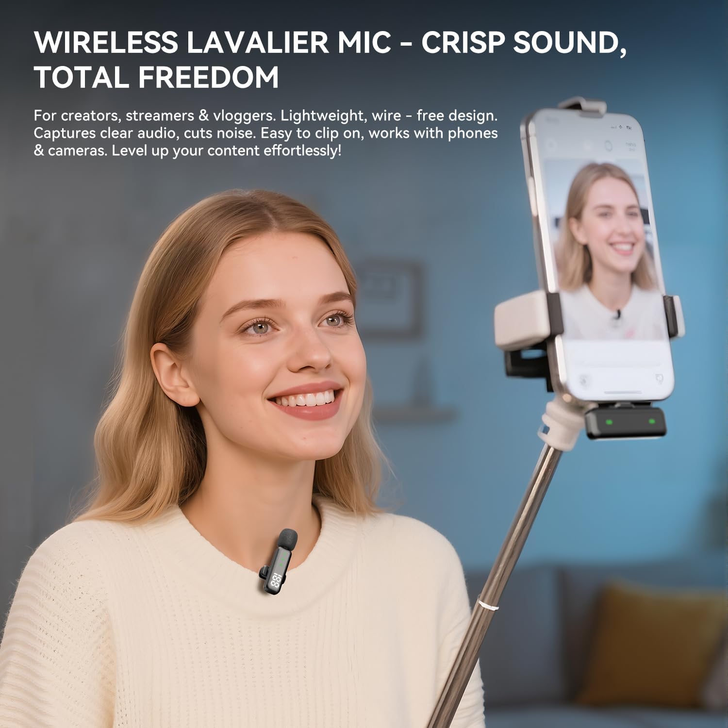 Microfono Lavalier Wireless con Display LED, Nero - immagine 4