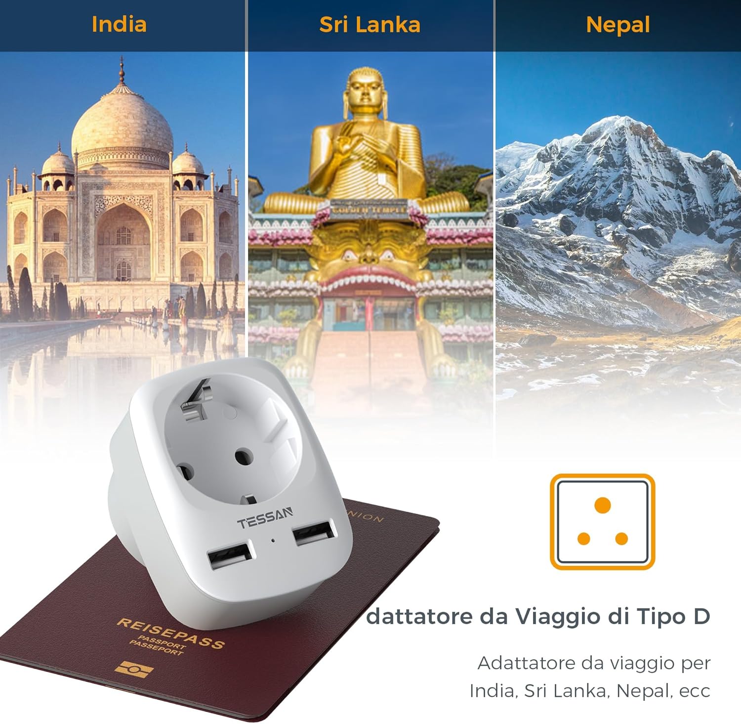 Tessan Adattatore Presa India con 2 USB - immagine 2