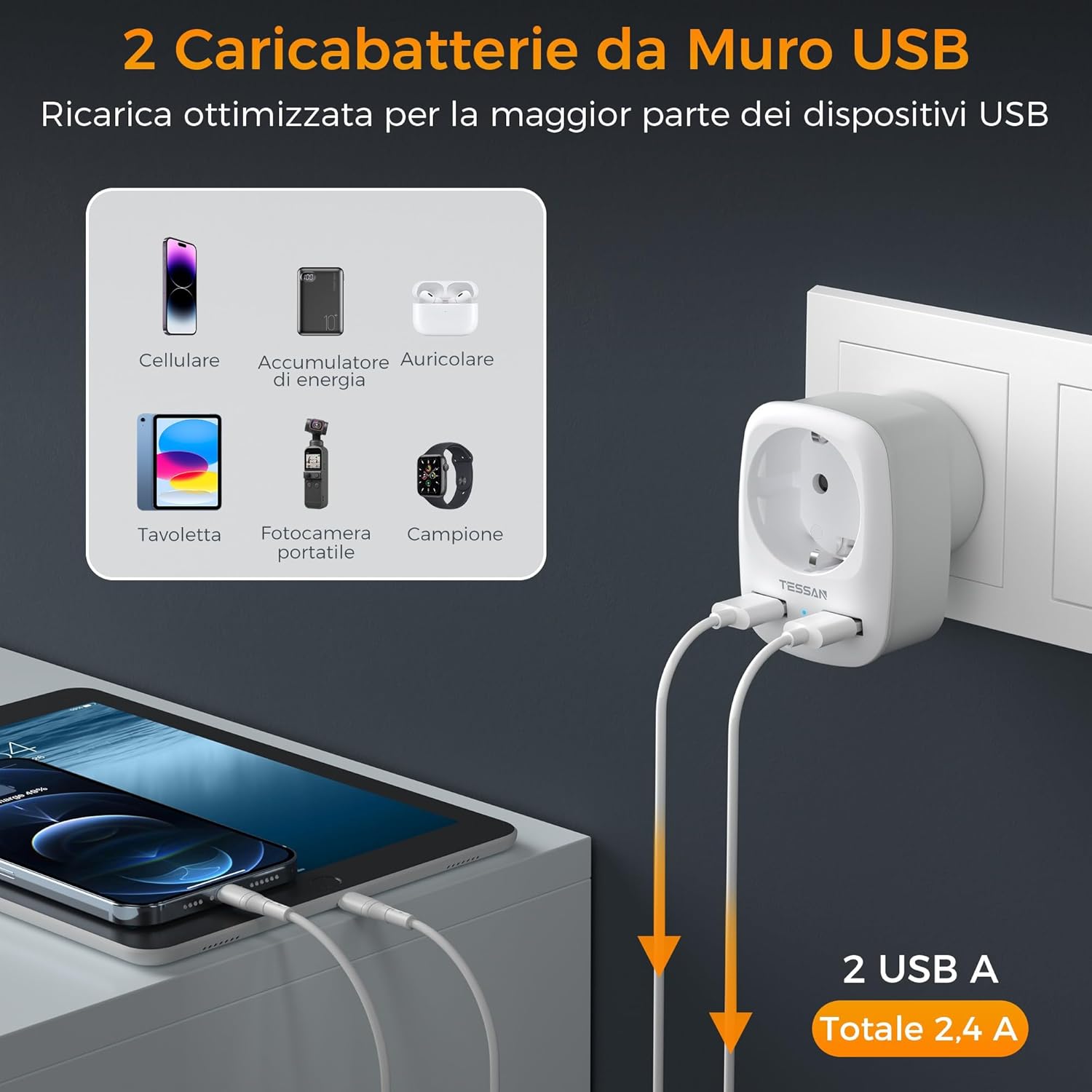 Tessan Adattatore Presa India con 2 USB - immagine 4