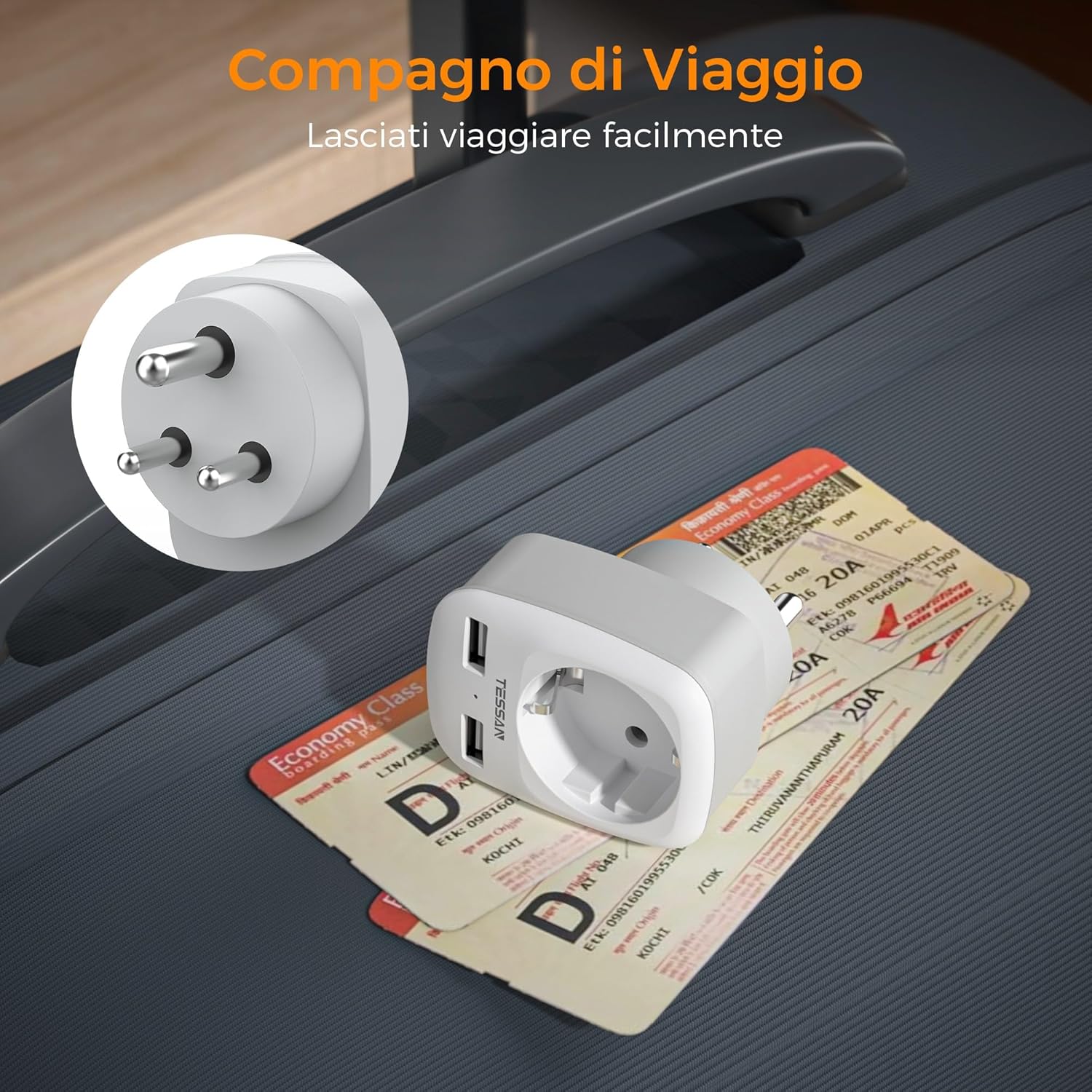 Tessan Adattatore Presa India con 2 USB - immagine 5