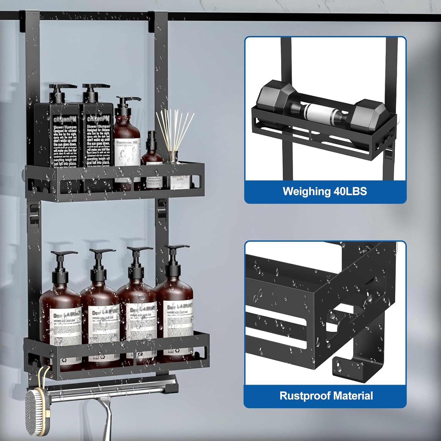 Mensola Doccia da Appendere Senza Foratura, Nera - immagine 3
