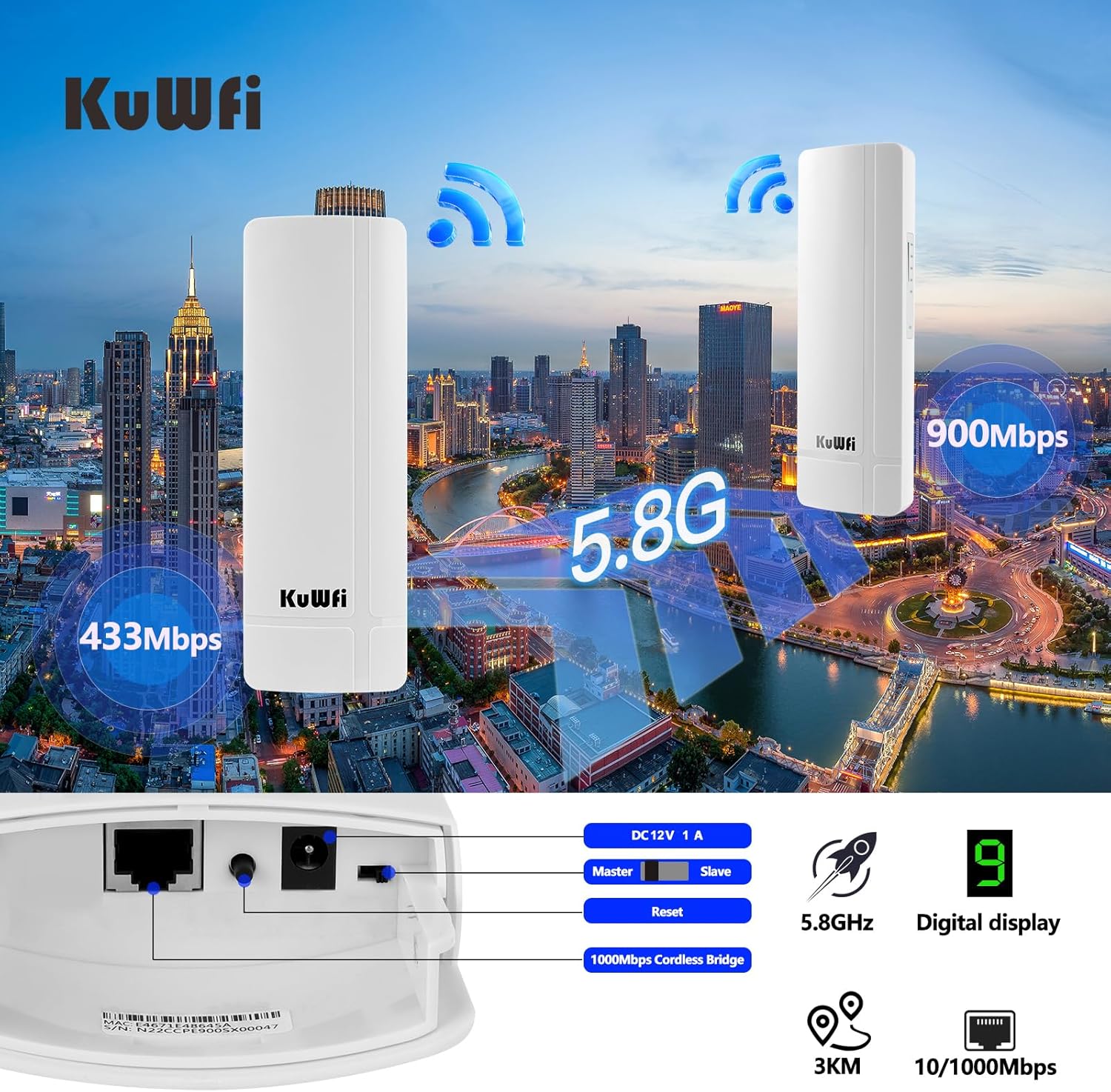Kuwfi Access Point Esterno 900Mbps Wireless Bridge POE - immagine 8