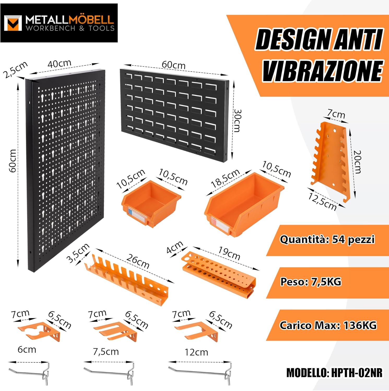 METALLMOBELL - Pannello Porta Attrezzi da Parete 120x90cm - immagine 2