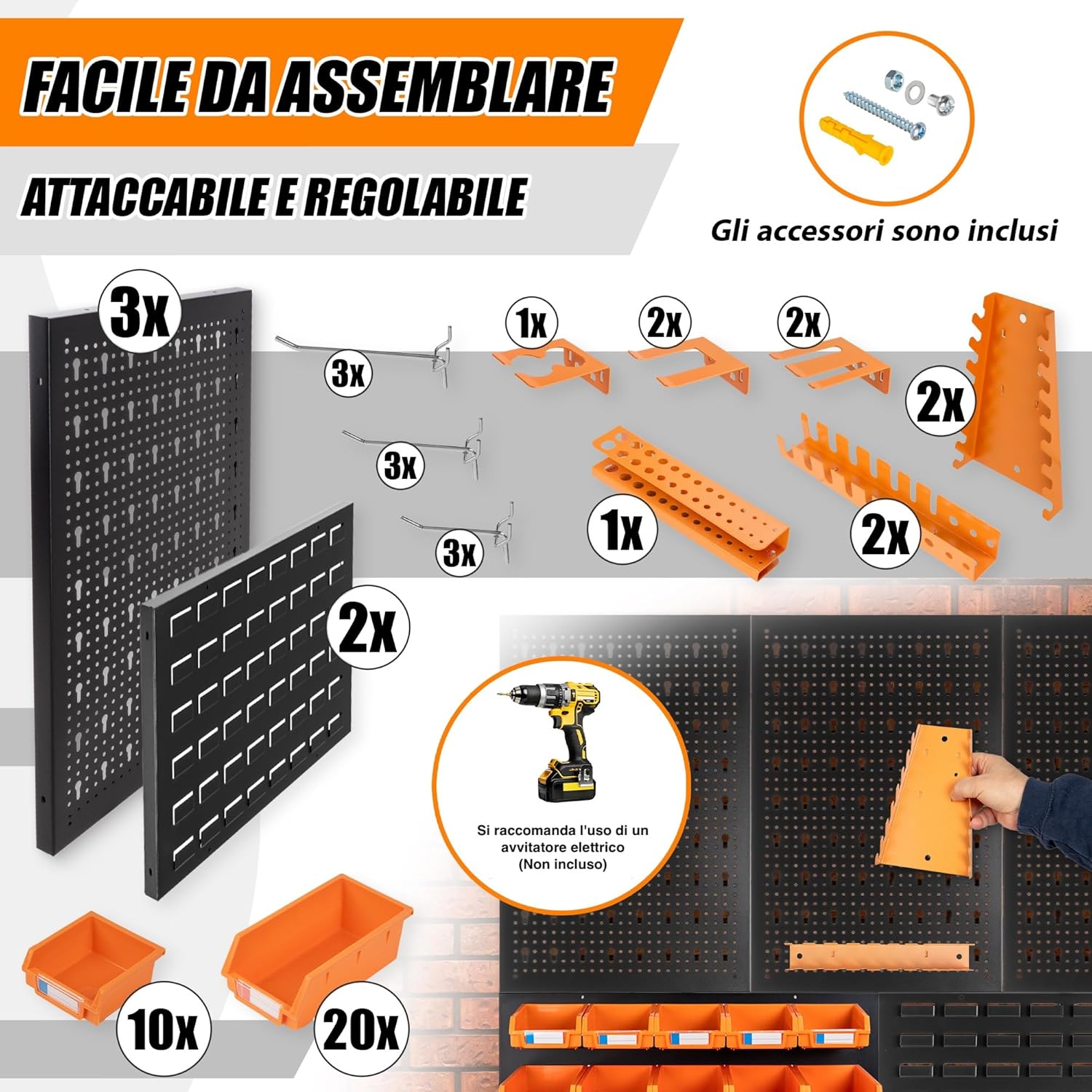 METALLMOBELL - Pannello Porta Attrezzi da Parete 120x90cm - immagine 4