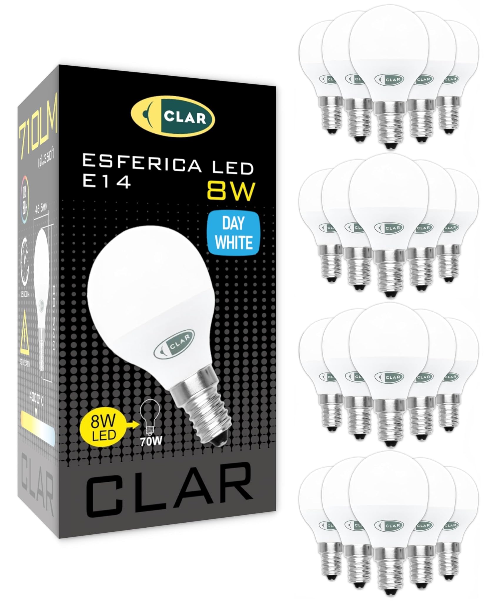 CLAR - Lampadine LED E14 8W, Sfera Luce Fredda, Senza Fili, Piccole (Confezione da 20)