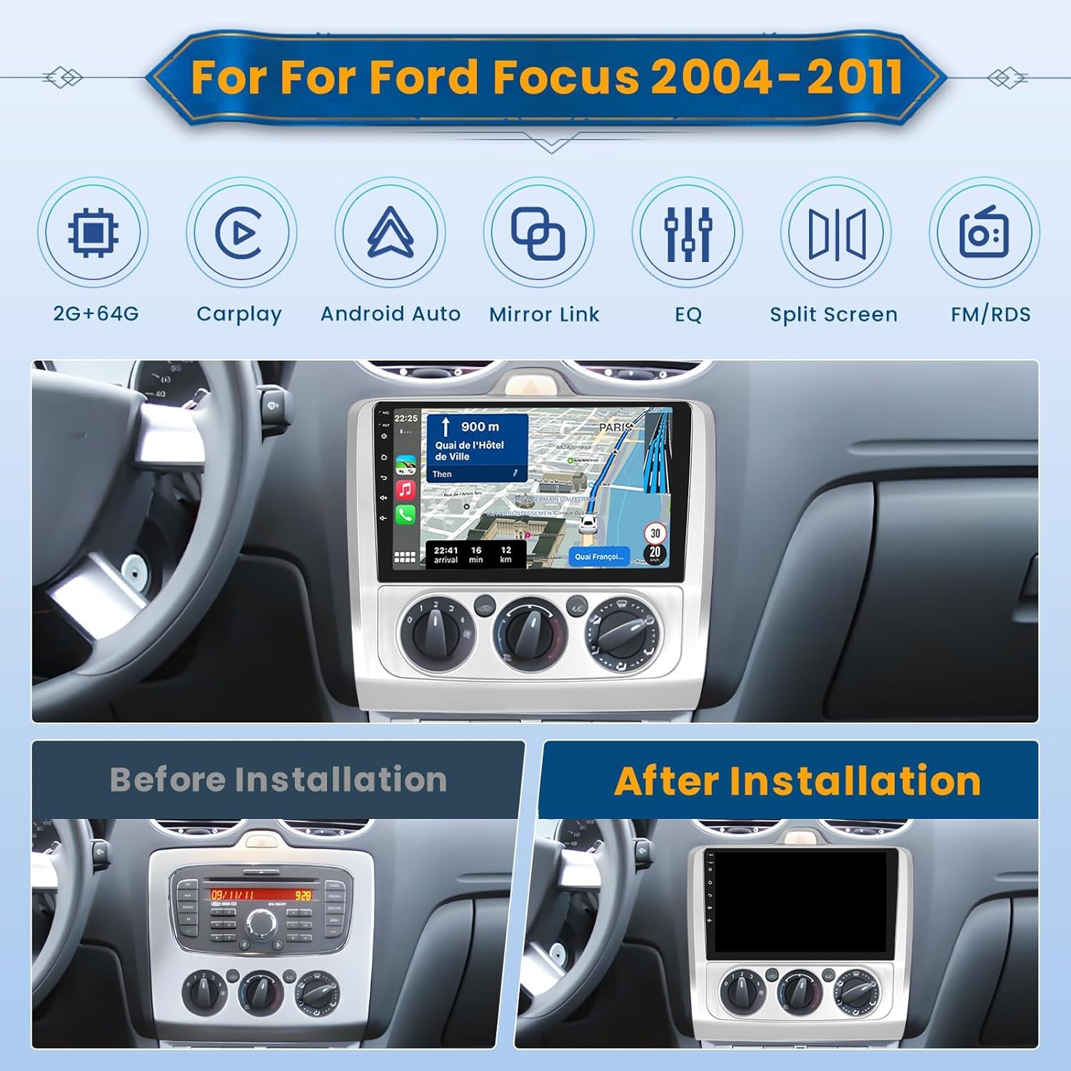 Inefala Autoradio Android 9" per Ford Focus Mk2 Mk3 - immagine 2