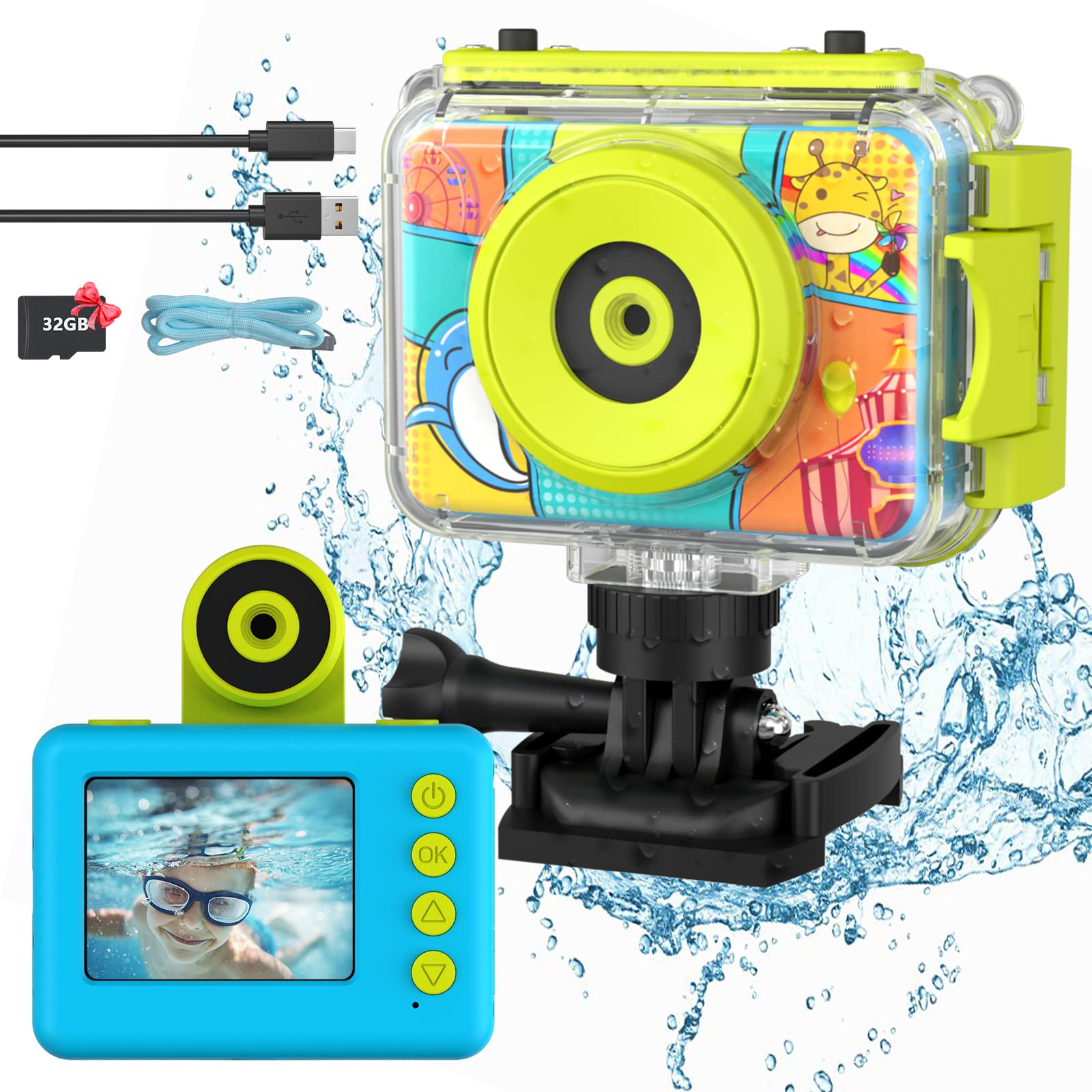 Ushining Fotocamera Impermeabile per Bambini 1080P, Blu