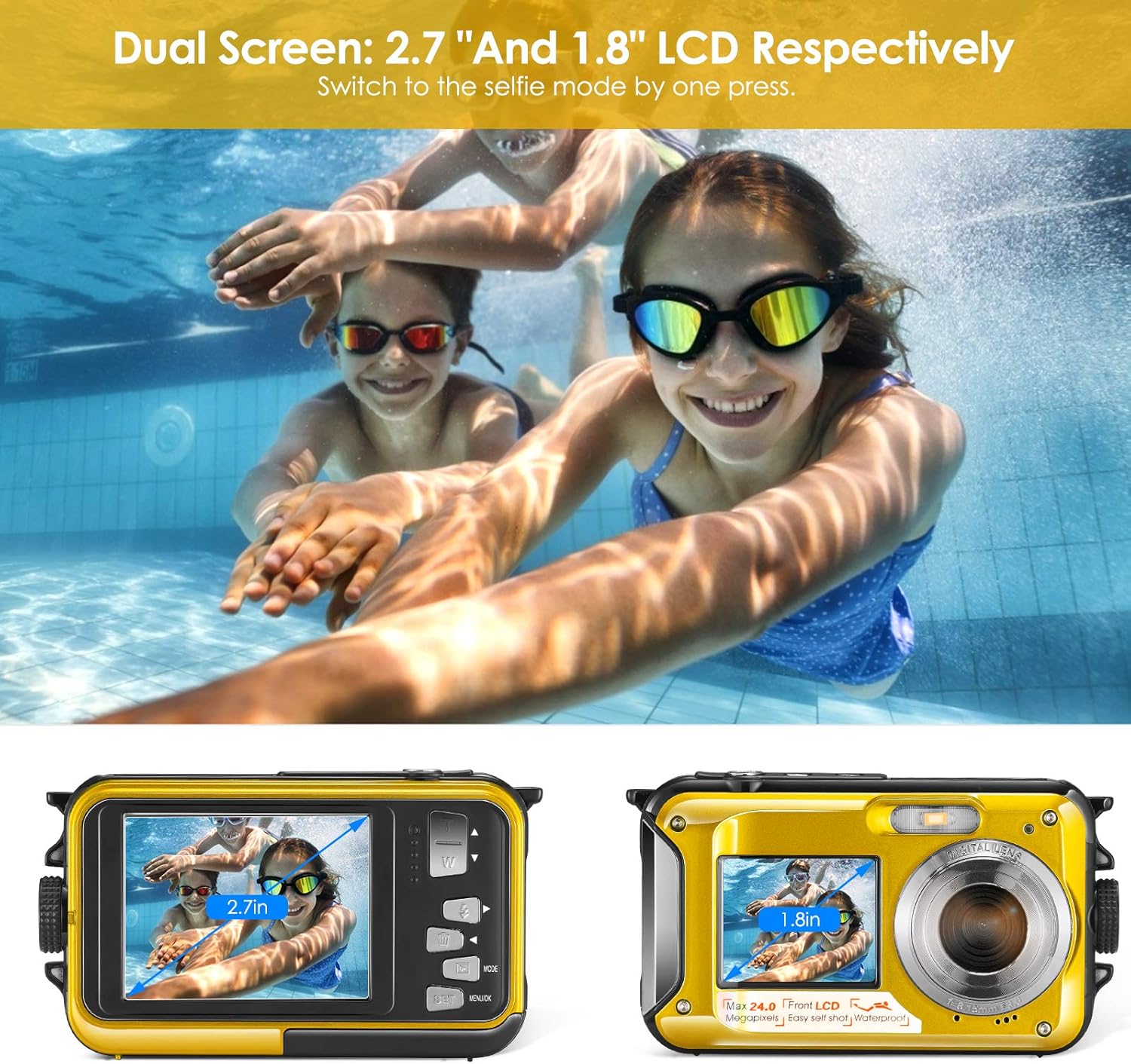 Aomdom Macchina Fotografica Subacquea 2.7K 48MP, Giallo - immagine 2