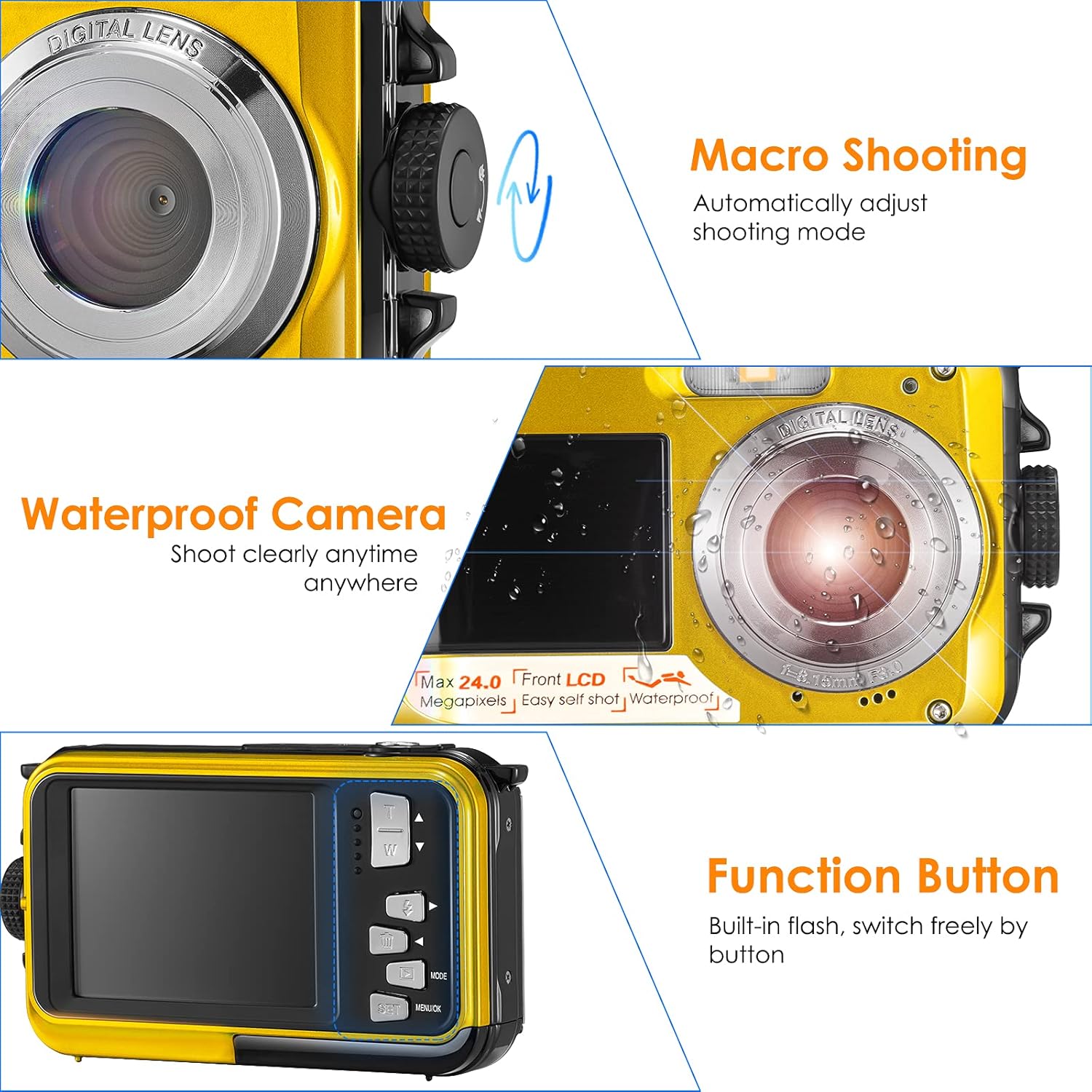 Aomdom Macchina Fotografica Subacquea 2.7K 48MP, Giallo - immagine 4