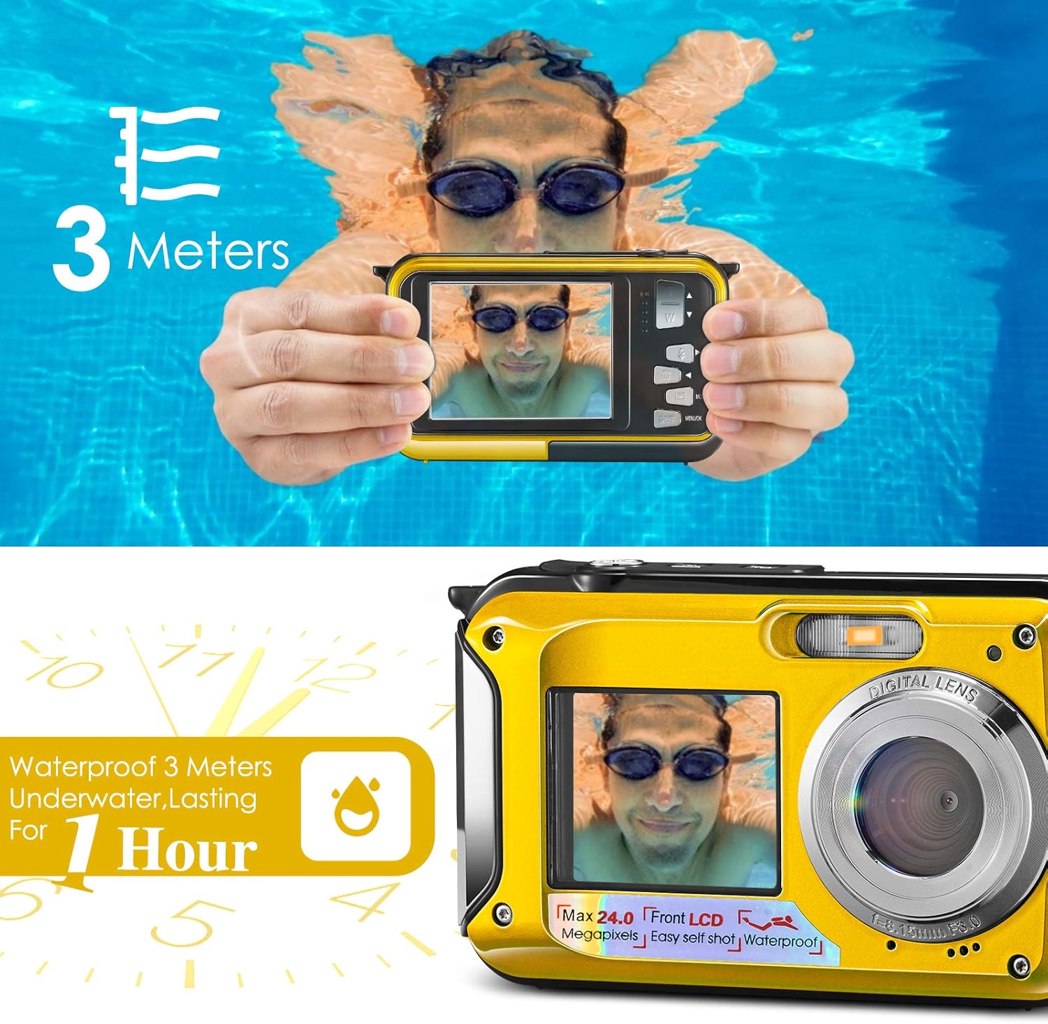 Aomdom Macchina Fotografica Subacquea 2.7K 48MP, Giallo - immagine 7