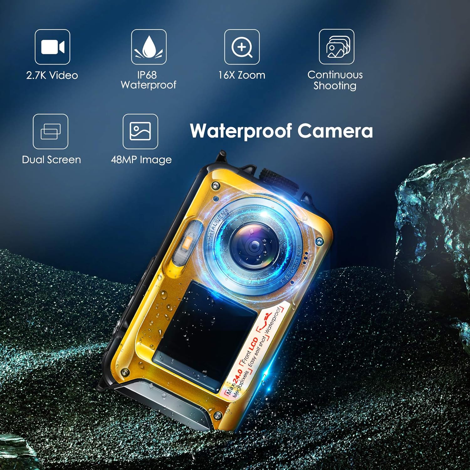 Aomdom Macchina Fotografica Subacquea 2.7K 48MP, Giallo - immagine 8