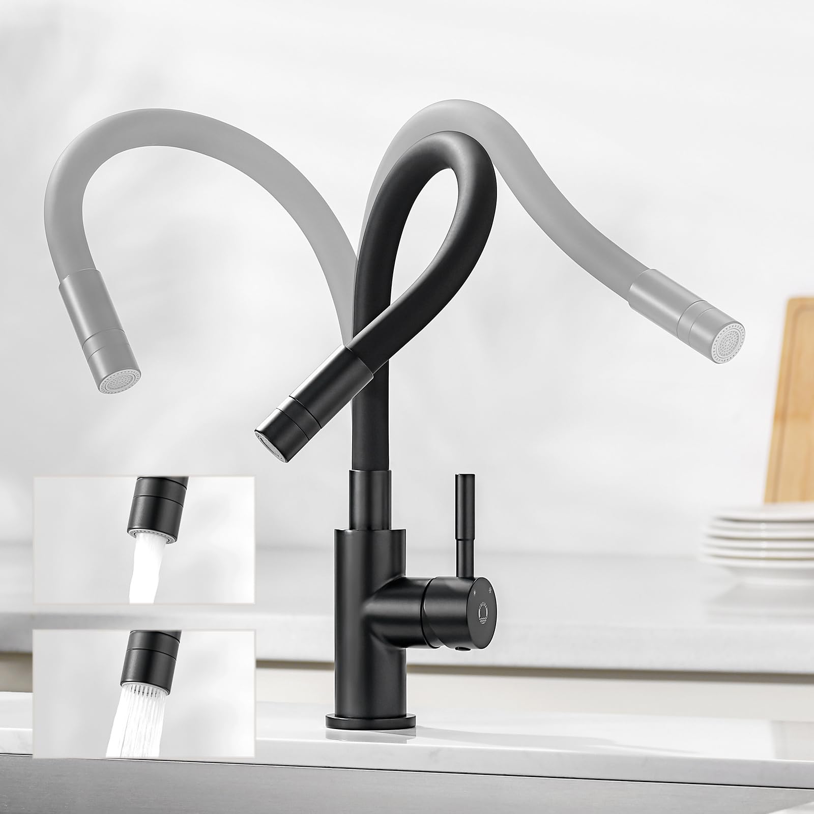 Cecipa Rubinetto Cucina Flessibile Nero Girevole 360°