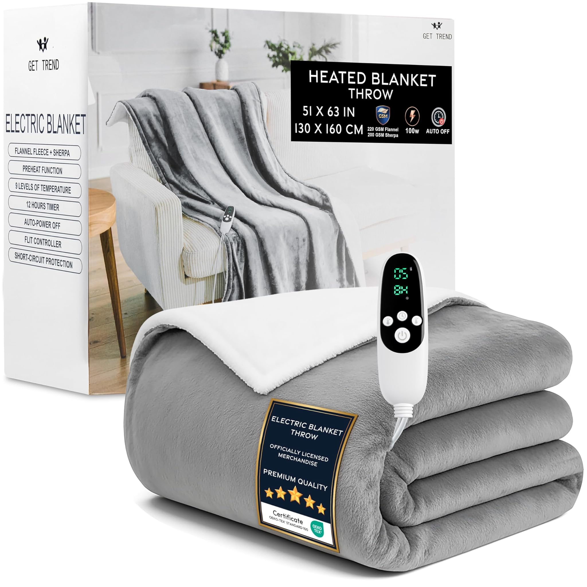 Get Trend Coperta Elettrica 130x160 cm, Grigio Chiaro
