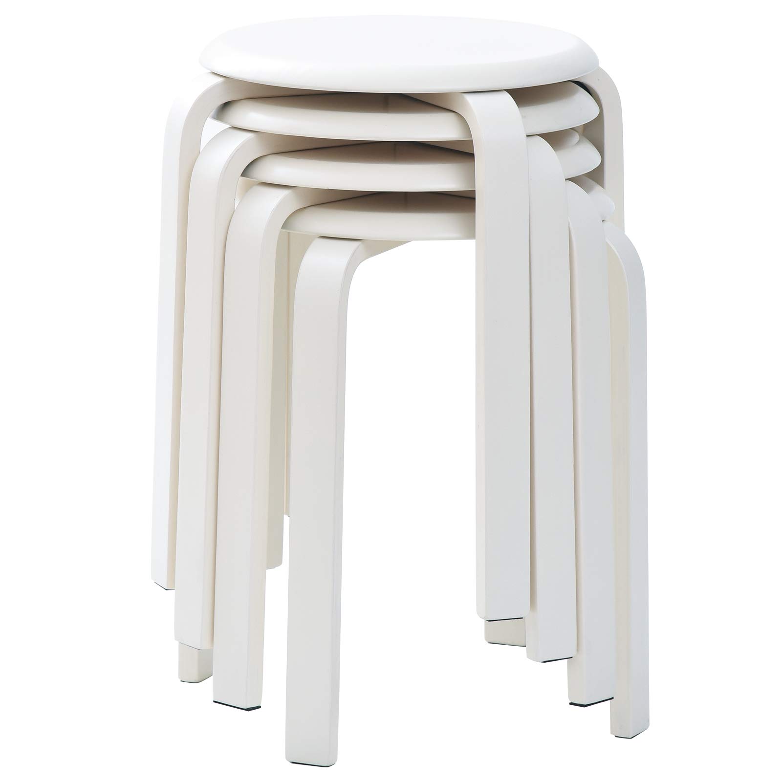 Ibuyke Sgabello Tondo Impilabile in Legno Massello, Set 4, Bianca