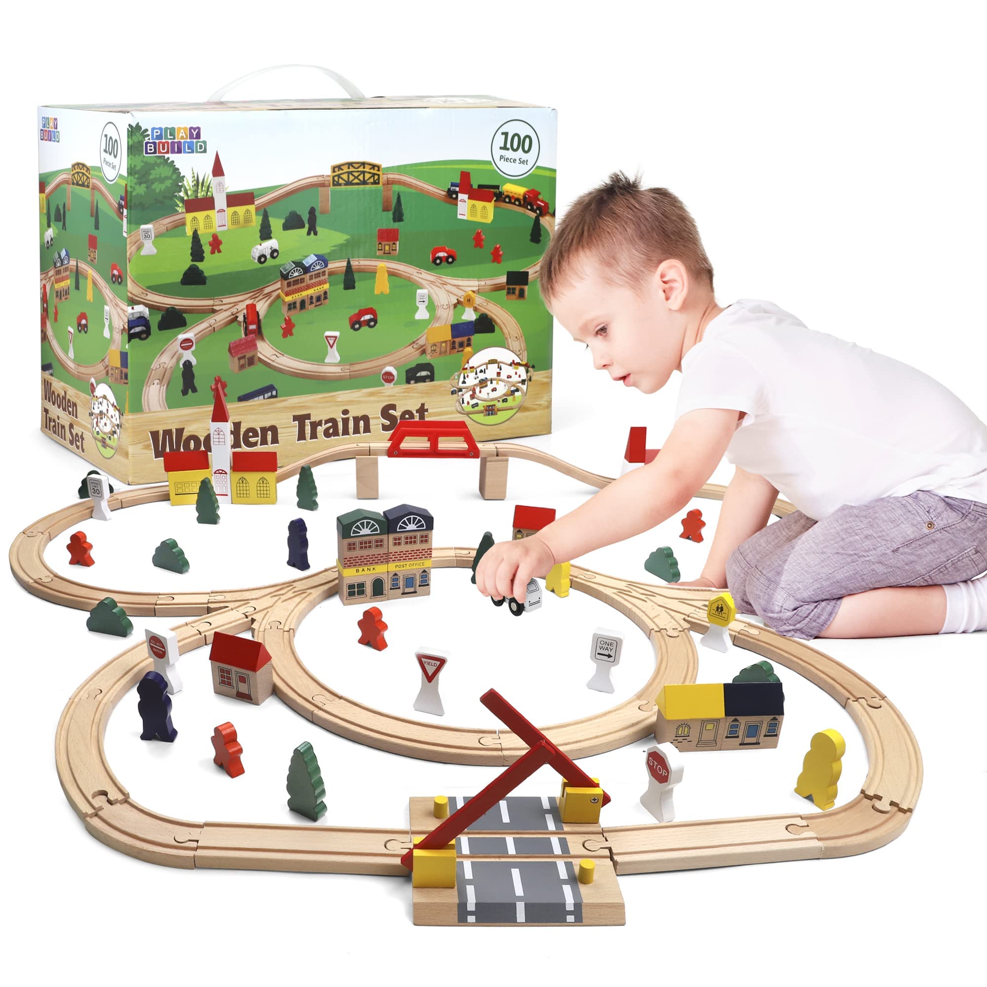 Play Build Trenino Legno Bambini - Set 100 Pezzi