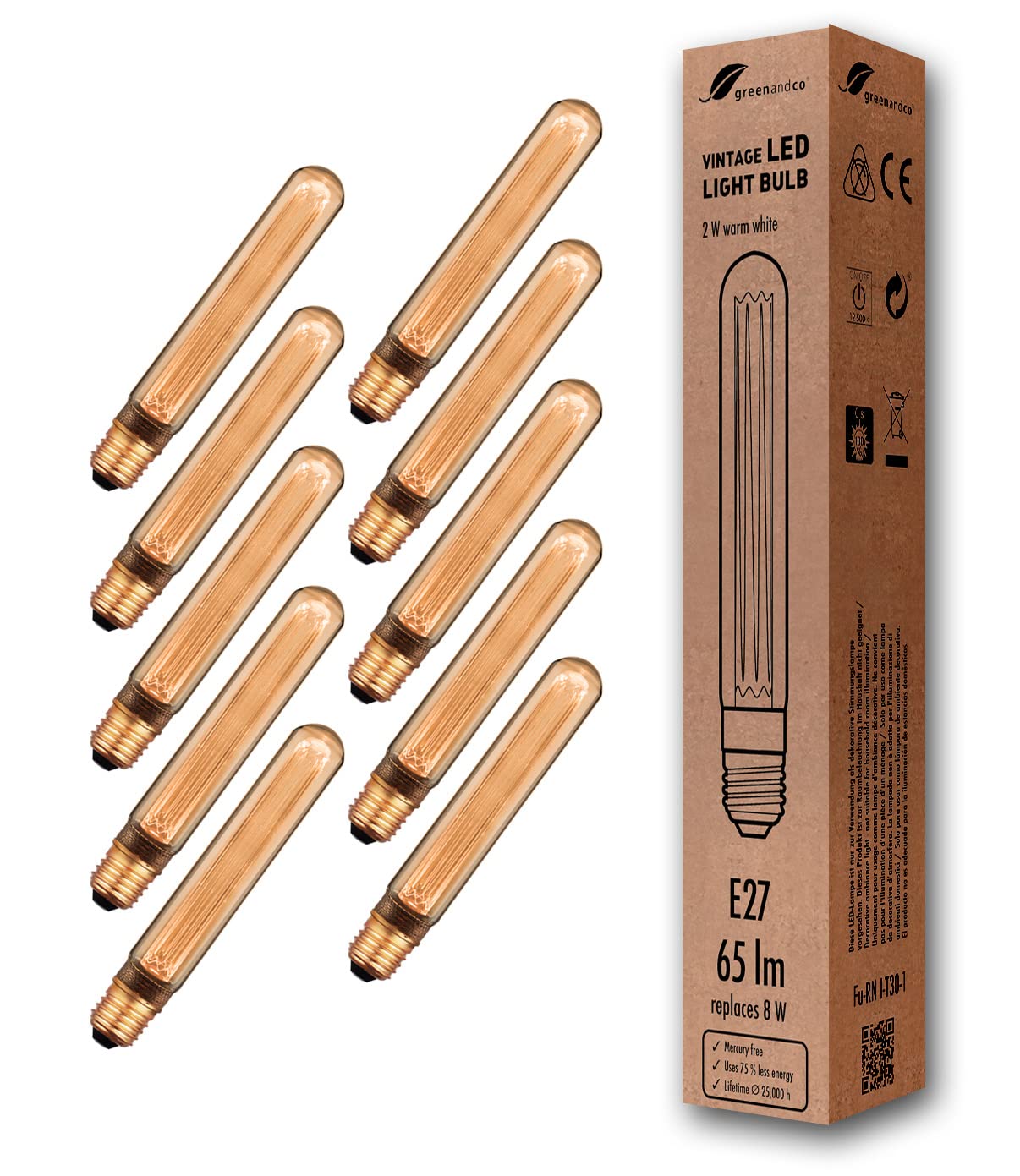 Greenandco 10x Lampadina LED Vintage E27 T30 2W