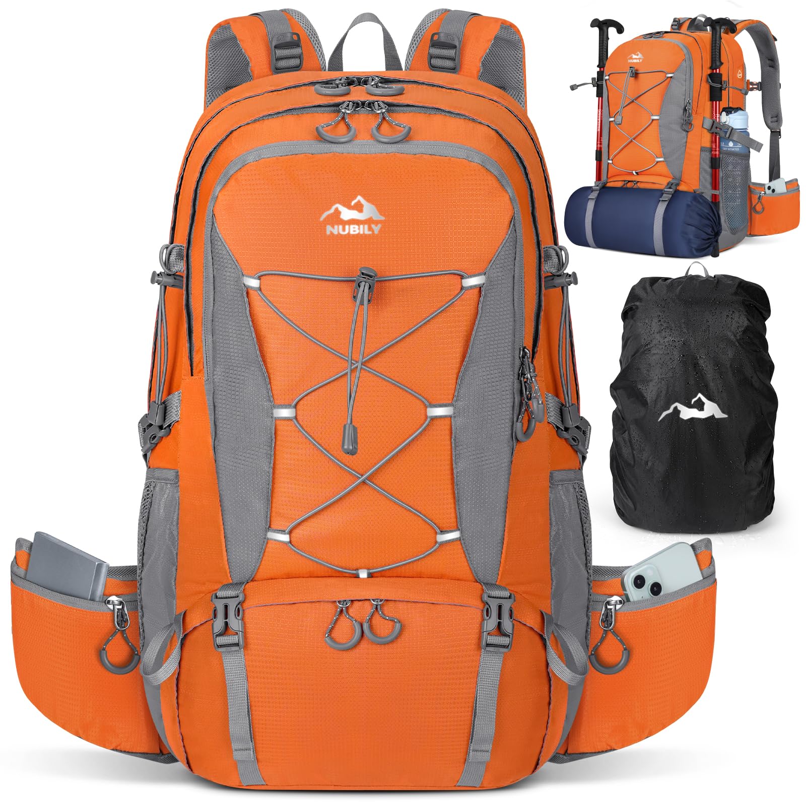 NUBILY Zaino Trekking 50L Impermeabile Montagna Uomo Donna Leggero da Viaggio Alla Moda Outdoor Campeggio Arancione