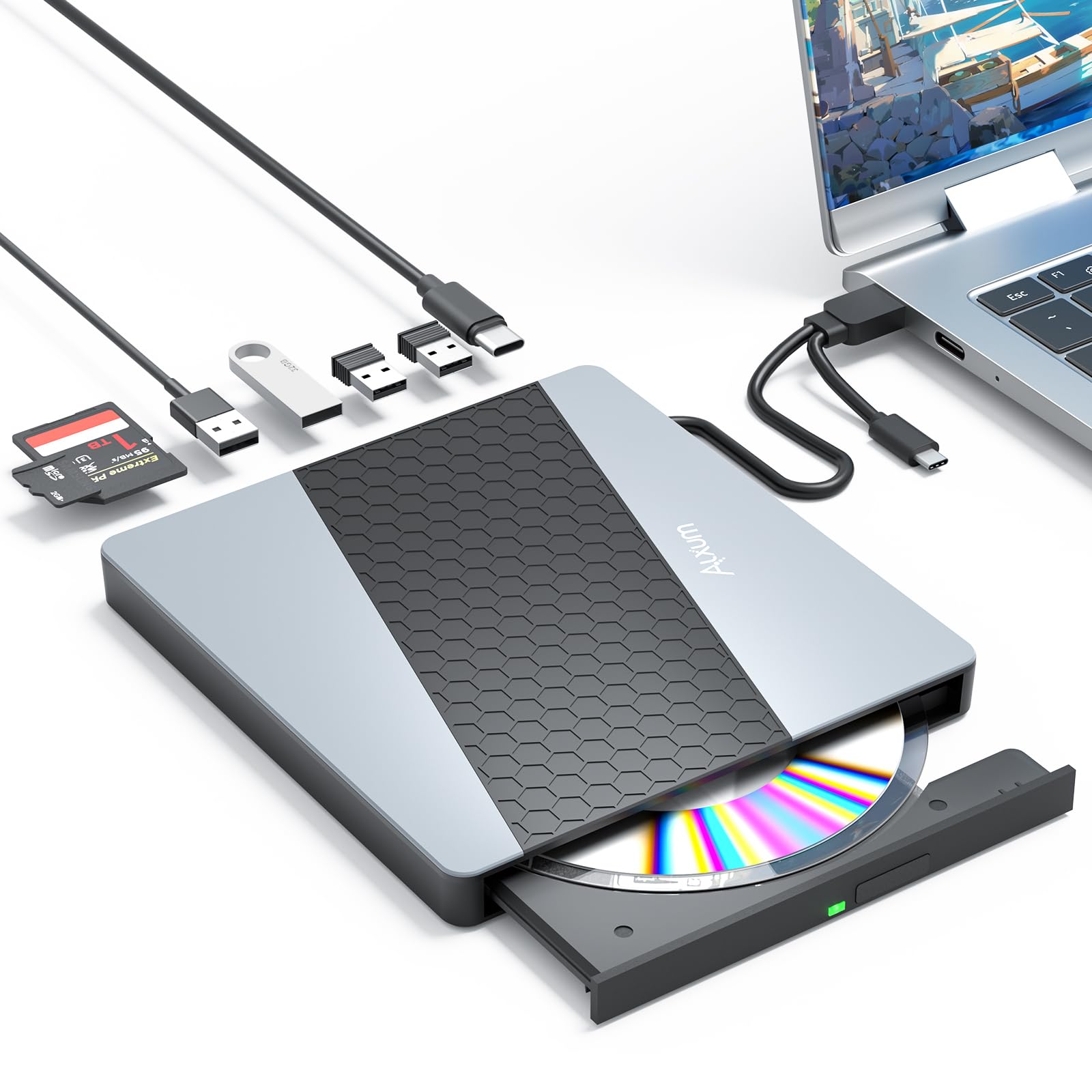 Alxum Unità CD Esterna DVD/CD con Lettore Schede USB