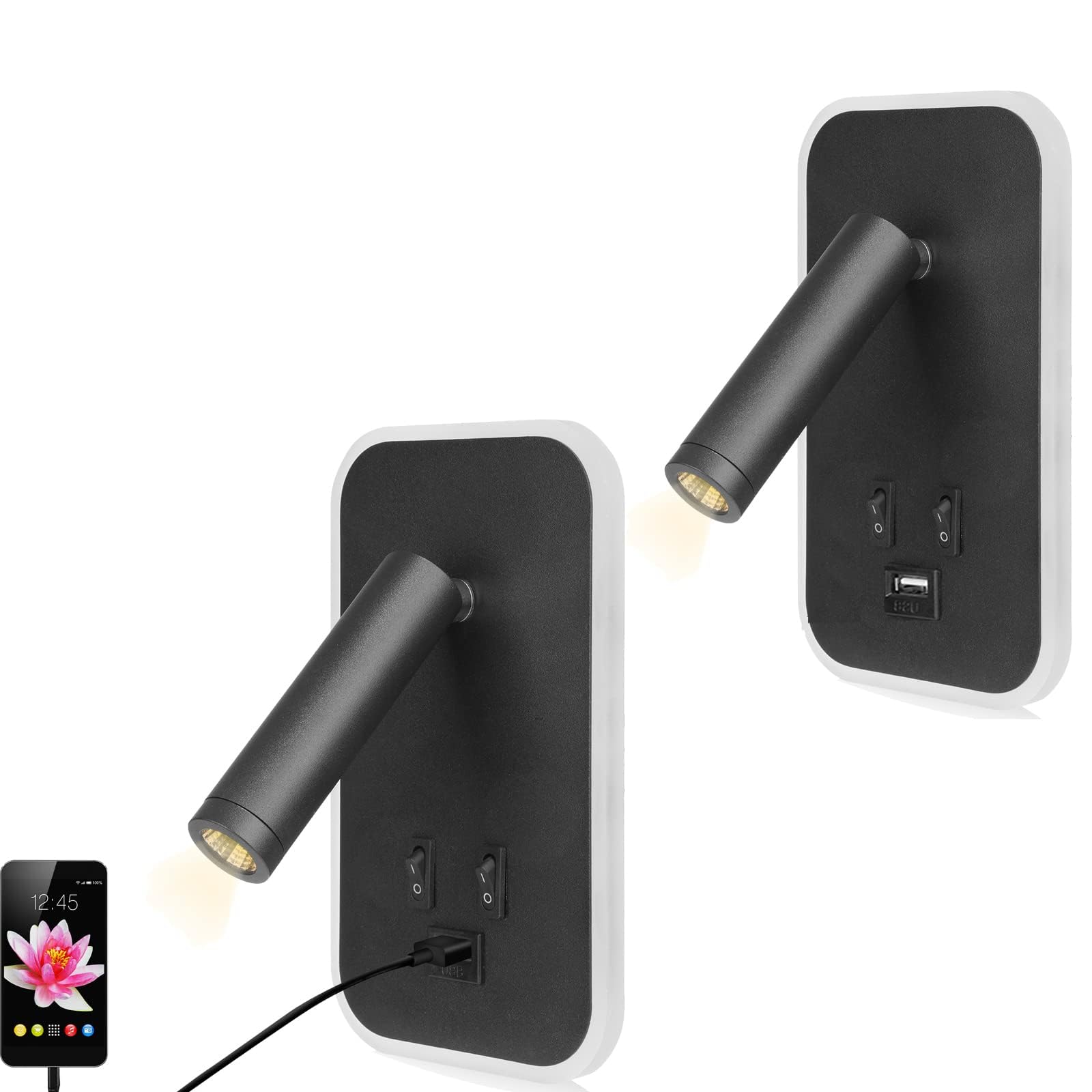 Weigudoc 2pcs Applique da Parete LED con USB, Nero