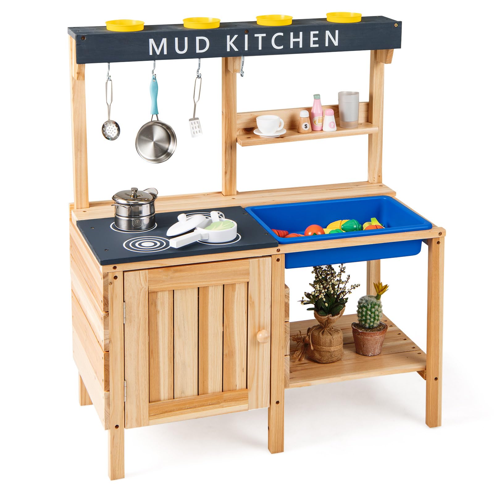 FANTASK Cucina gioco in legno per bambini con lavabo rimovibile e accessori, 2 ripiani, portabicchieri e ganci, cucina da giardino per bambini a partire dai 3 anni
