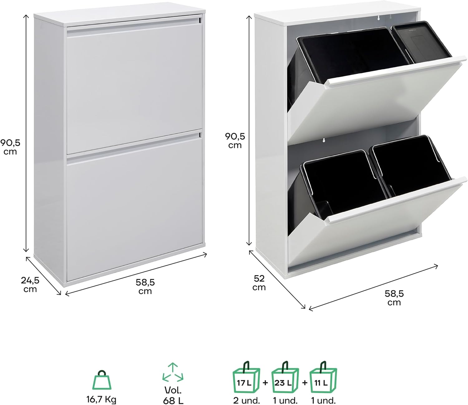 Arregui Basic CR601-B2 Pattumiera Differenziata 68L, Bianco - immagine 3
