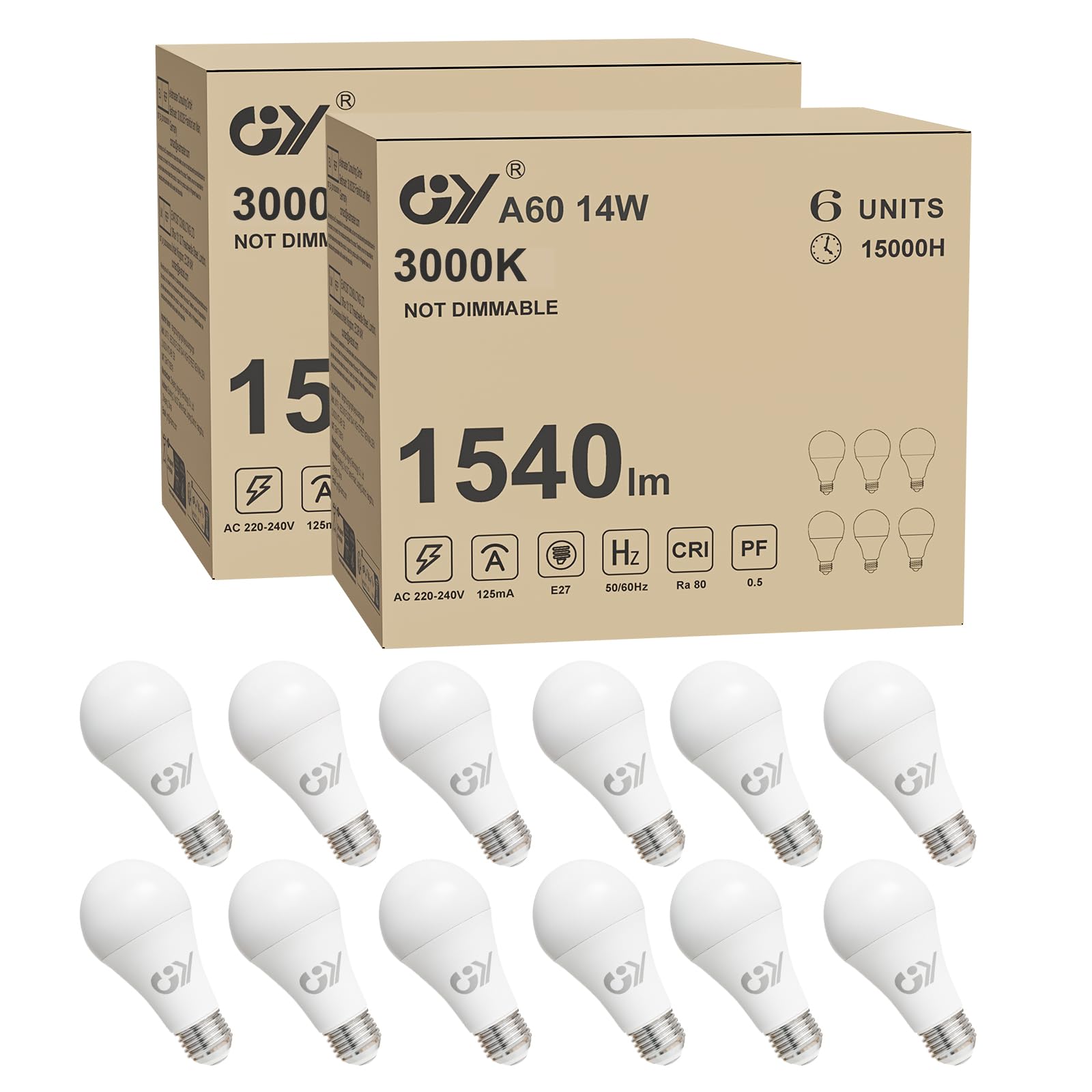 Gy Lampadine LED E27 14W Luce Calda 3000K, 12 Pezzi