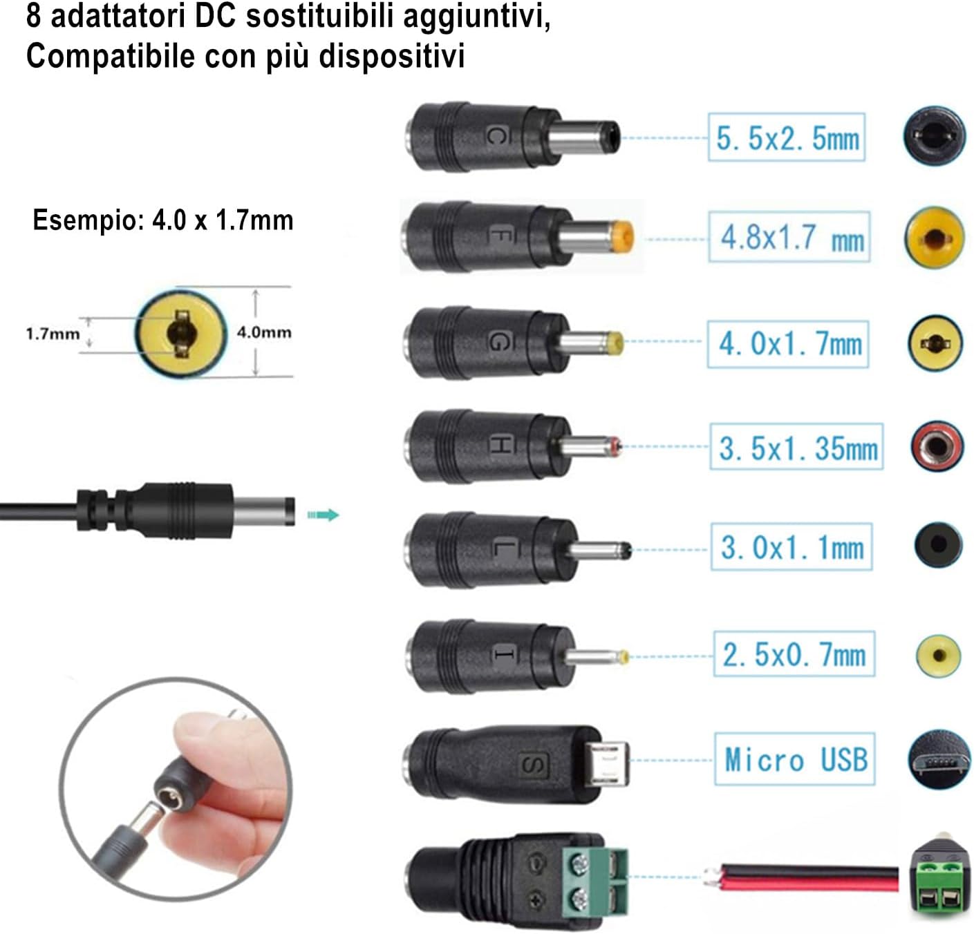 Adattatore AC-DC 24V 1A con 8 Adattatori per Spina - immagine 2
