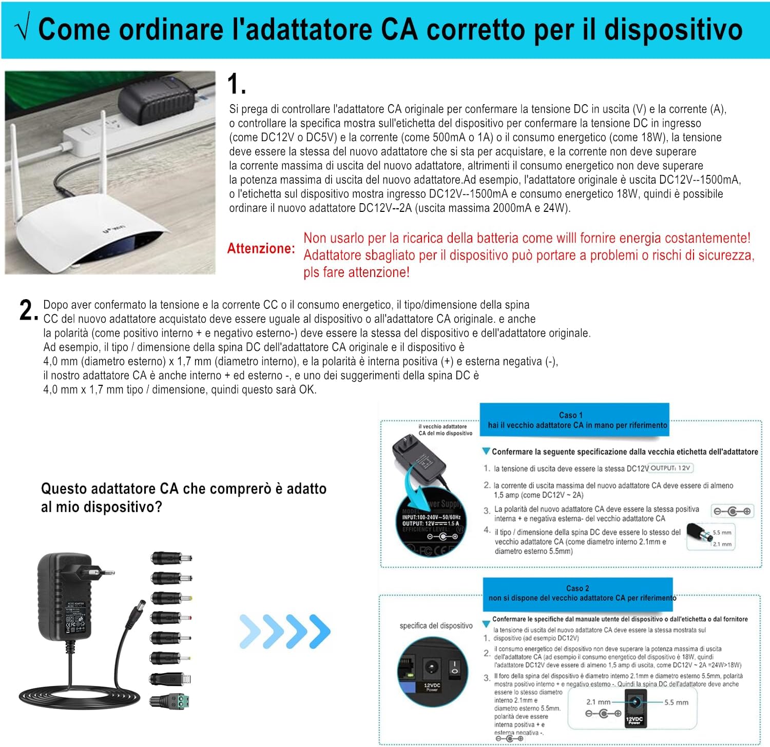 Adattatore AC-DC 24V 1A con 8 Adattatori per Spina - immagine 3