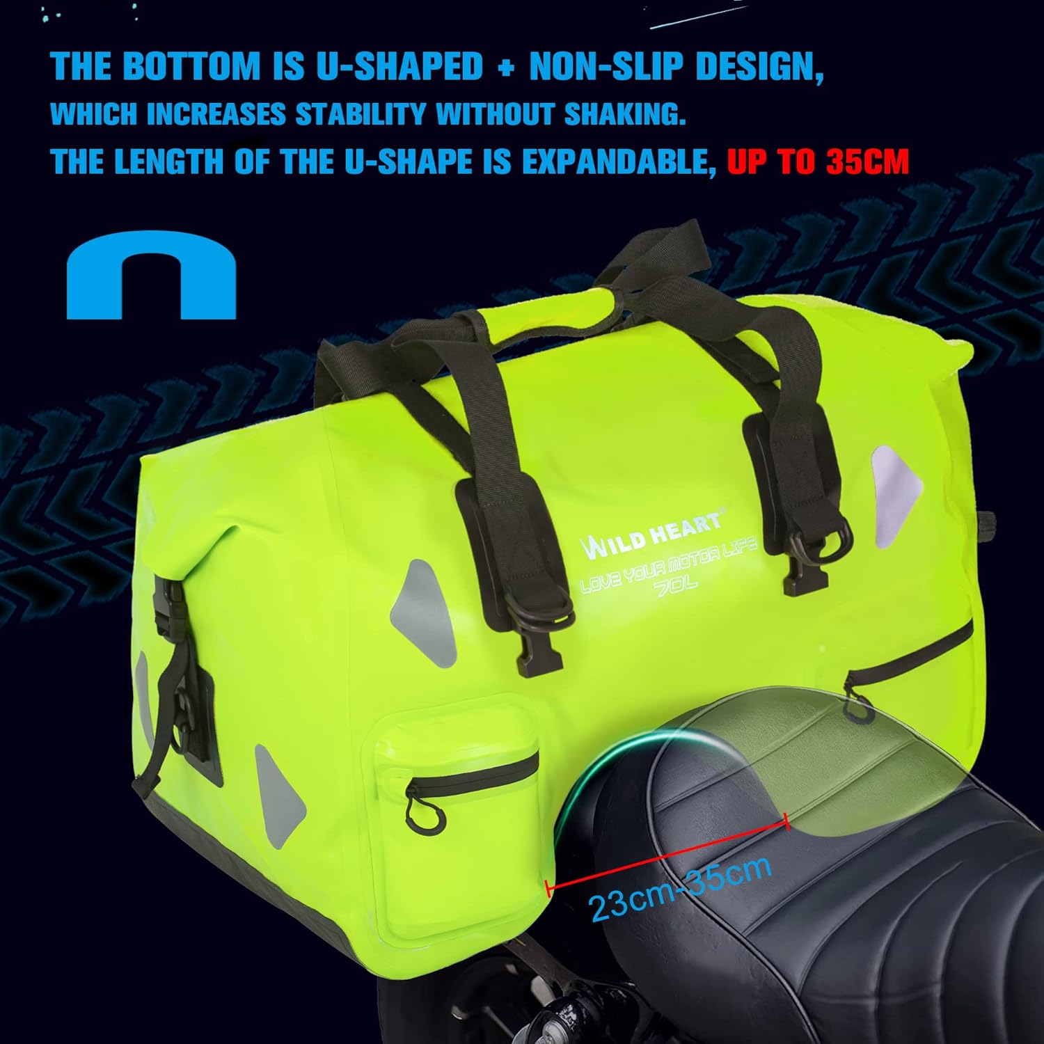 Wild Heart Borsa Sella Moto Secco 70L, Verde Fluorescente - immagine 2
