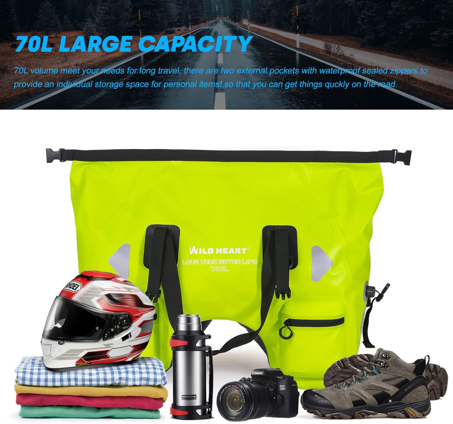 Wild Heart Borsa Sella Moto Secco 70L, Verde Fluorescente - immagine 5
