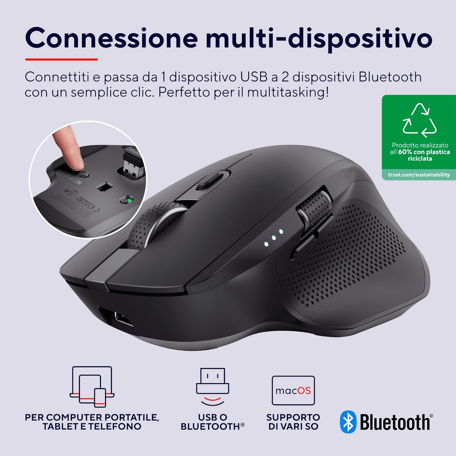 Trust Ozaa+ Mouse Wireless Bluetooth + 2.4GHz, Nero - immagine 2