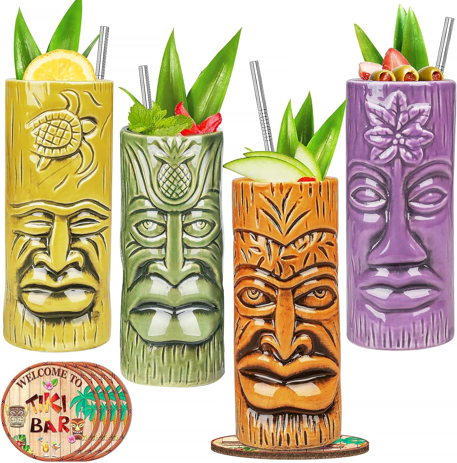 Tiki - Set 4 Bicchieri da Cocktail Esotici Hawaiani