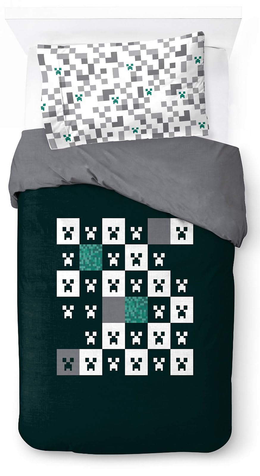 Jay Franco Set Copripiumino Singolo Minecraft Creeper a Scacchi 100% Cotone - Biancheria da Letto - Include Copricuscini 50 x 70 cm