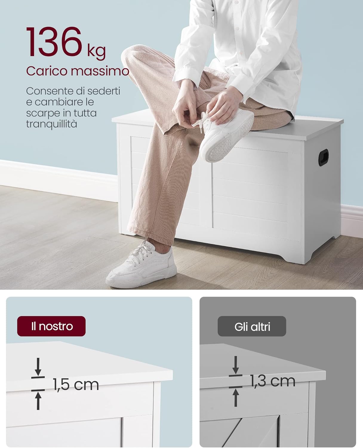 Vasagle Cassapanca Portaoggetti 40x80x46cm, Bianco Nuvola - immagine 6