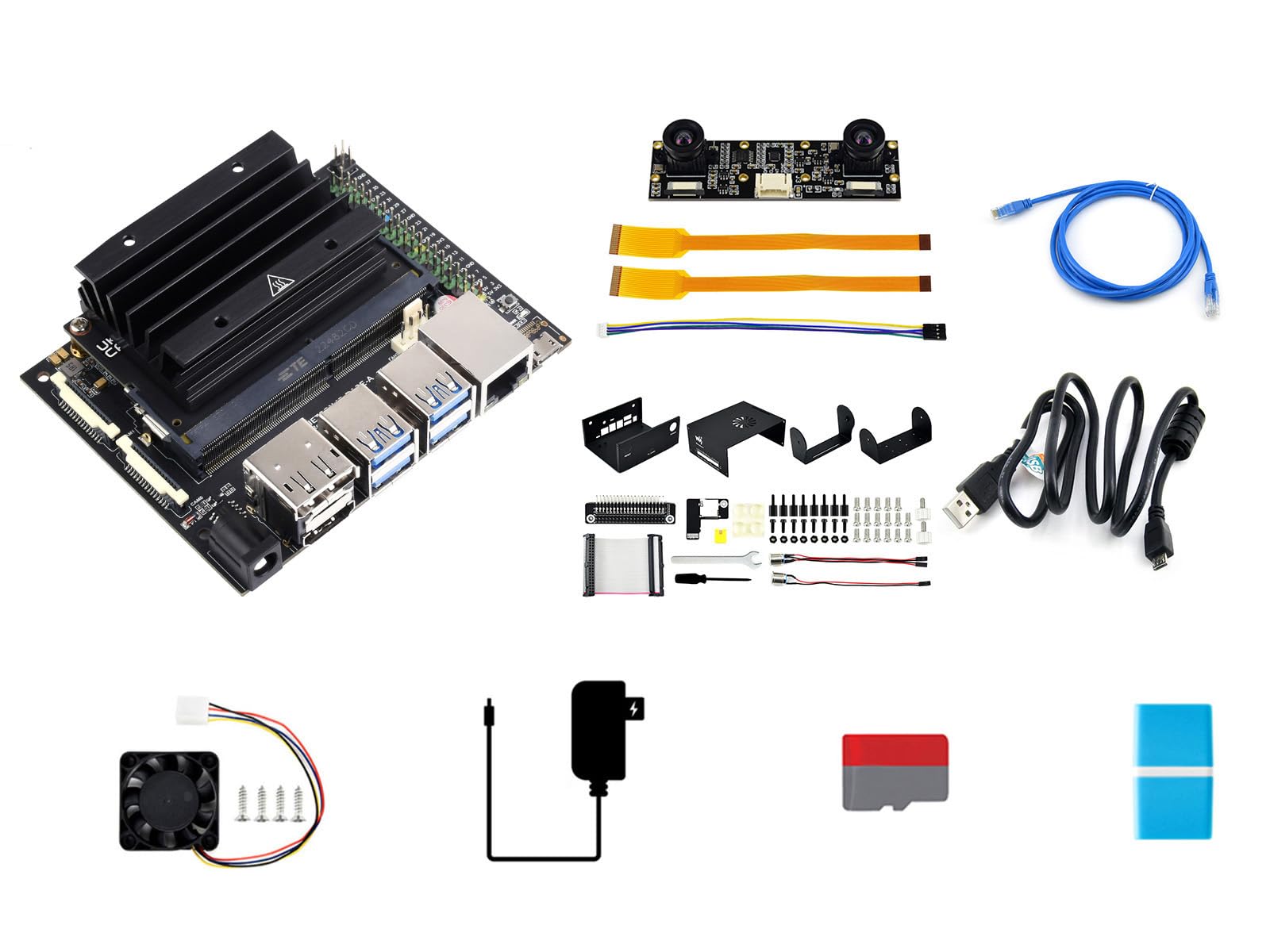 Waveshare Jetson Nano 4GB Development/Expansion Kit E Soluzione Alternativa B01 con Piastra Portamoduli Nano Jetson Modulo Stereo Webcamera FAN Cassetto Kit (10 Pezzi) per Progetti AI