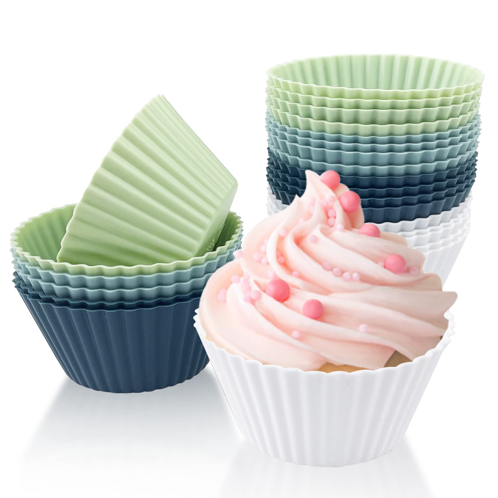 Fousenuk Set di 24 Stampi in Silicone per Dolci, Antiaderenti Stampo Muffin, Riutilizzabili Mini Pirottini Muffin, Teglia Cupcake, Stampini Silicone per Ciambelle, Pastichieria, Budini (4 Colori)