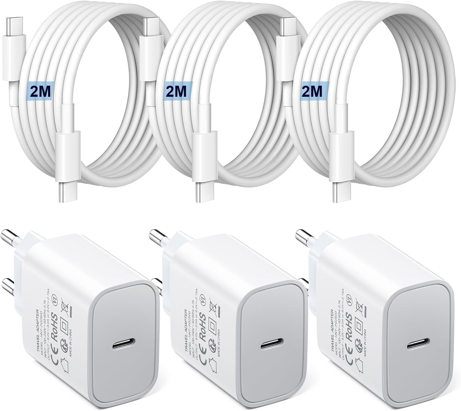 3x Caricatore USB-C 25W con Cavo 2m