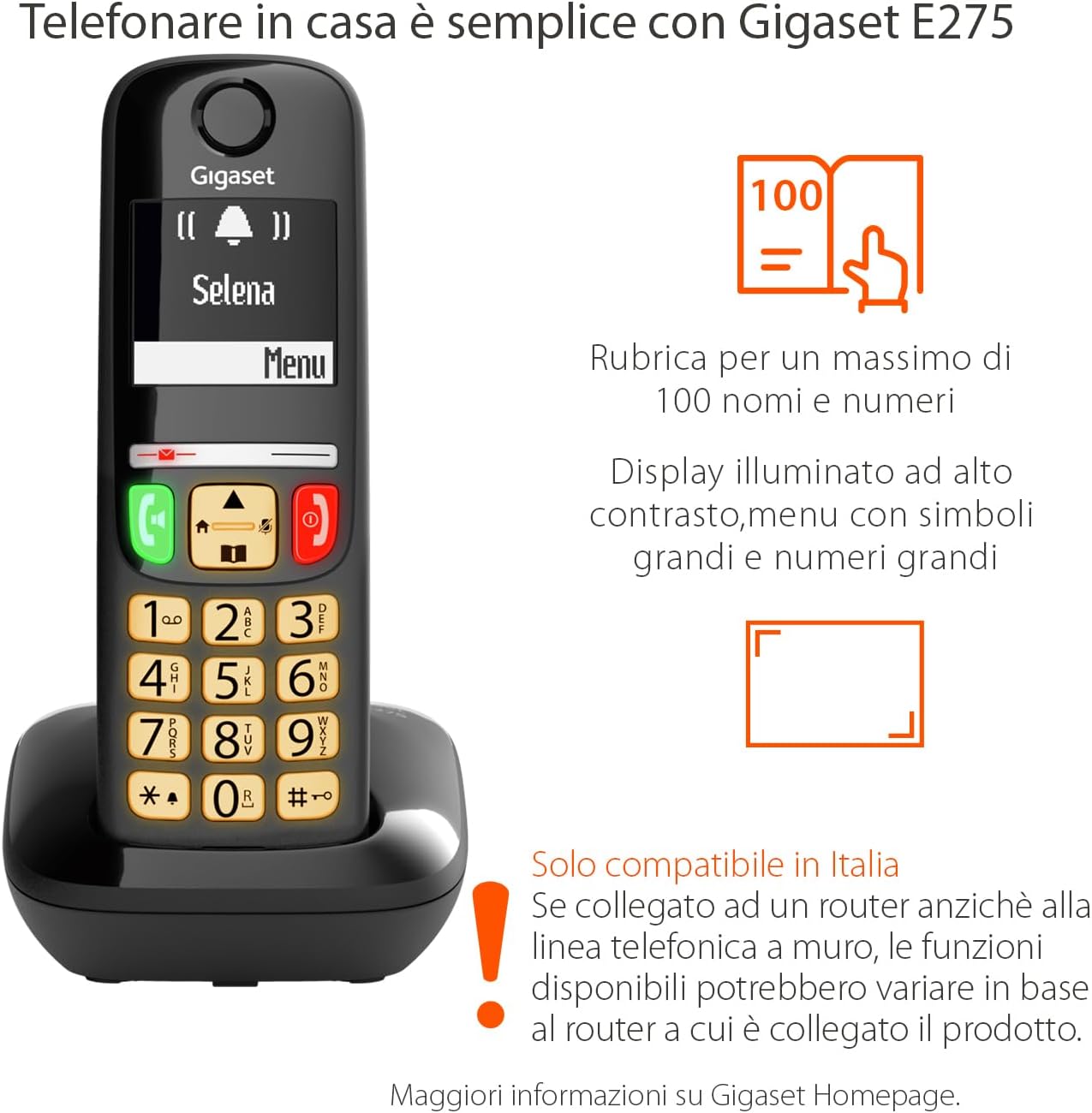 Gigaset E275 - Telefono DECT Cordless Tasti Grandi, Nero - immagine 2