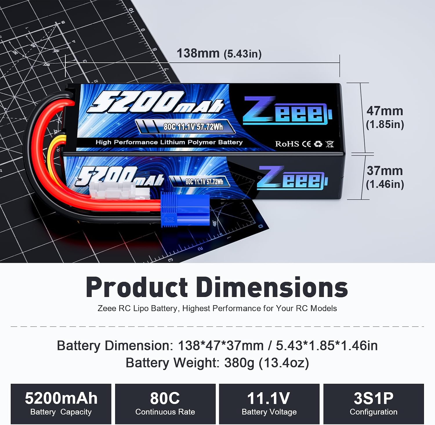 Zeee 3S Lipo Batterie 5200mAh 11,1V 80C 3S Batterie RC avec connecteur XT60 pour FPV Racing Drones Vélo de Route Quadcopters Avion Hélicoptère RC Bateau RC Voiture (2 Paquets