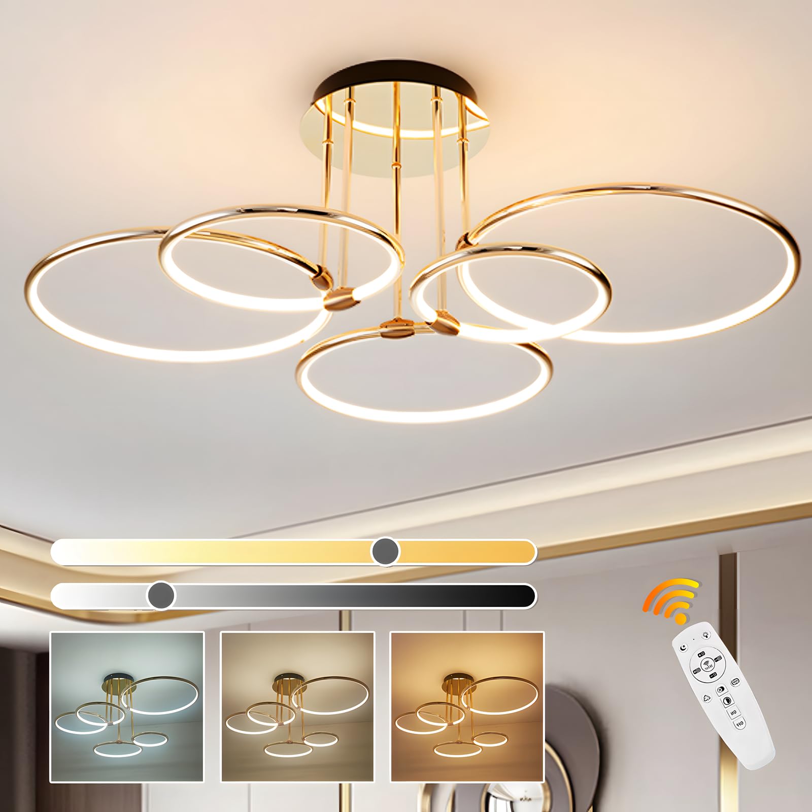 Plafoniera 5 Anelli Rotondi Design Oro LED Ø93cm