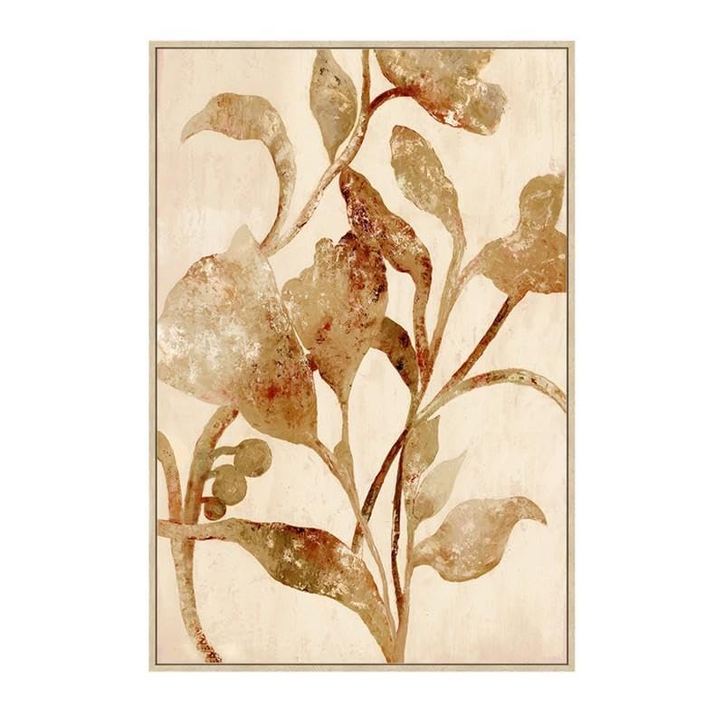 Quadro Tela con Cornice Legno, Foglie Beige e Marrone 60x90cm
