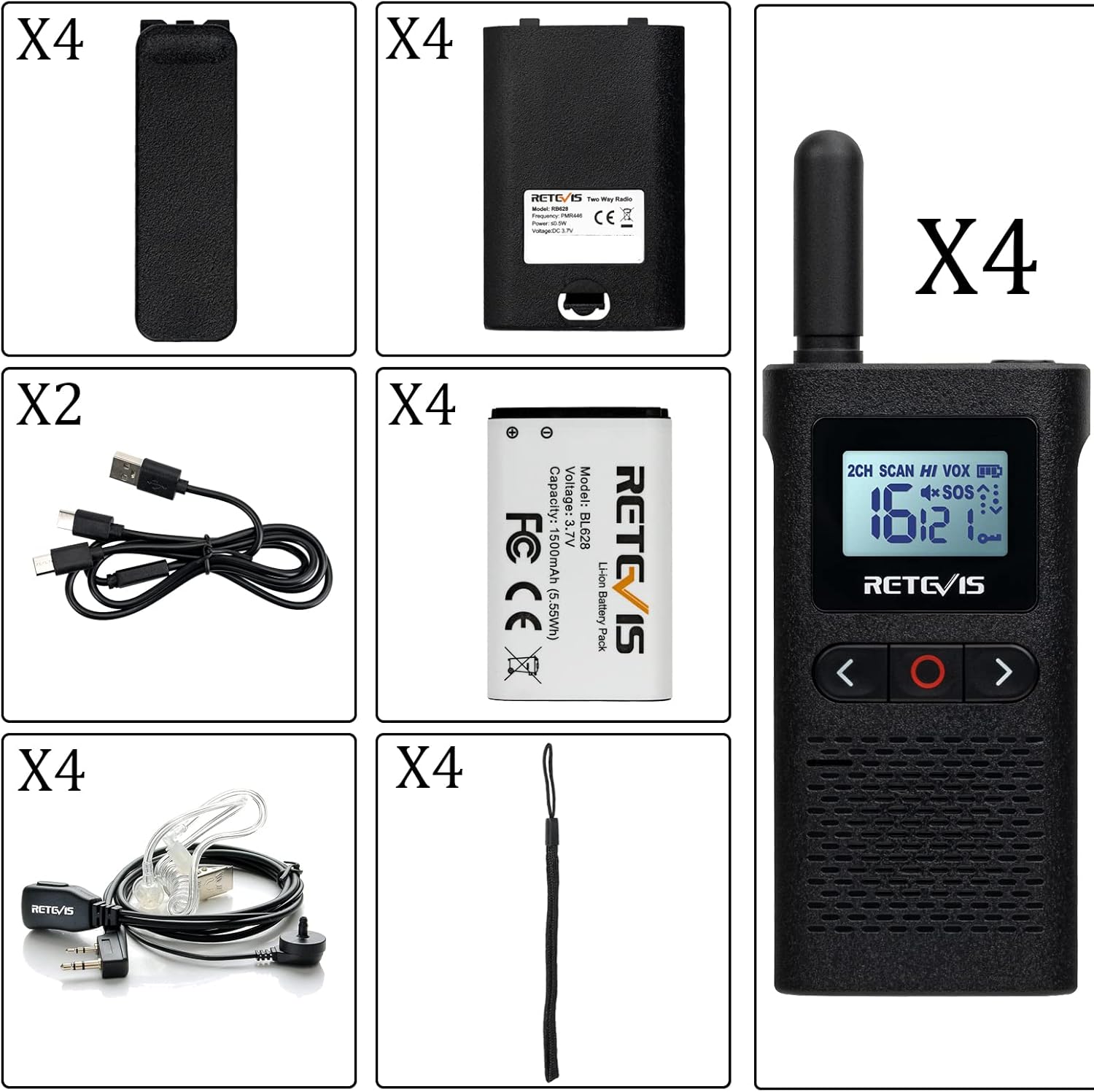 Retevis RB628 Walkie Talkie PMR446 con Auricolare (4 Pezzi) - immagine 7