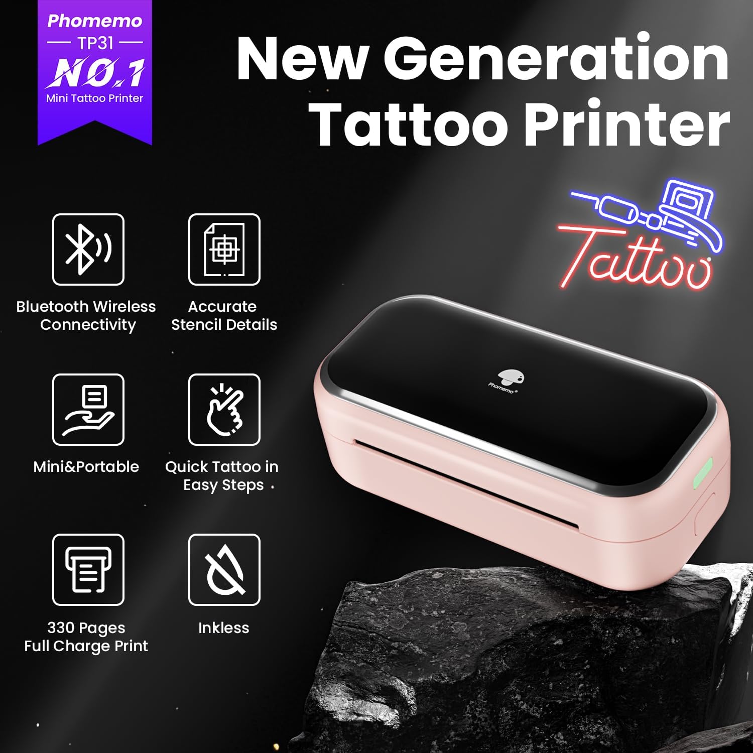 Phomemo TP31 Mini Stampante Stencil Tattoo Bluetooth, Rosa - immagine 2