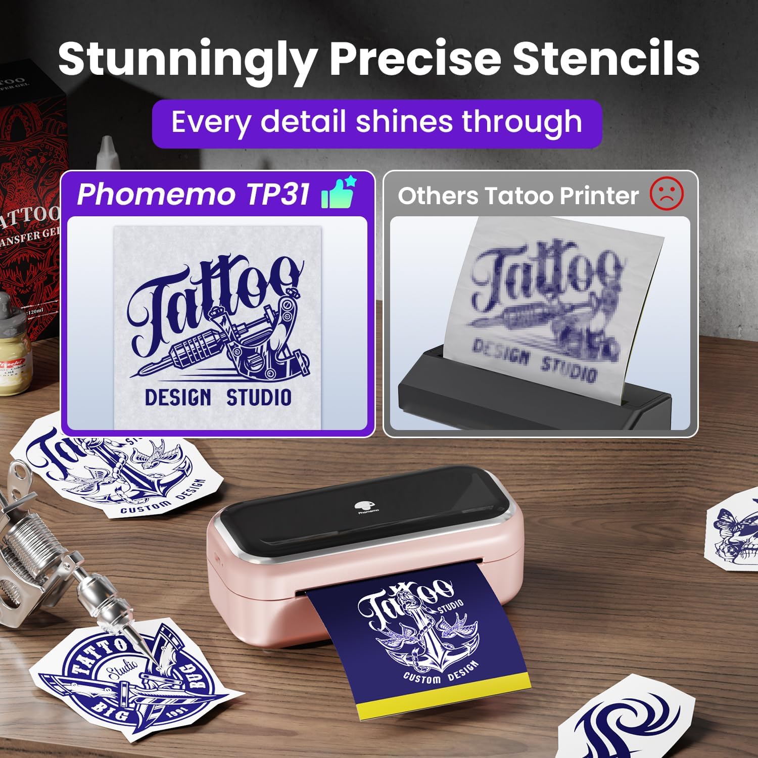 Phomemo TP31 Mini Stampante Stencil Tattoo Bluetooth, Rosa - immagine 4